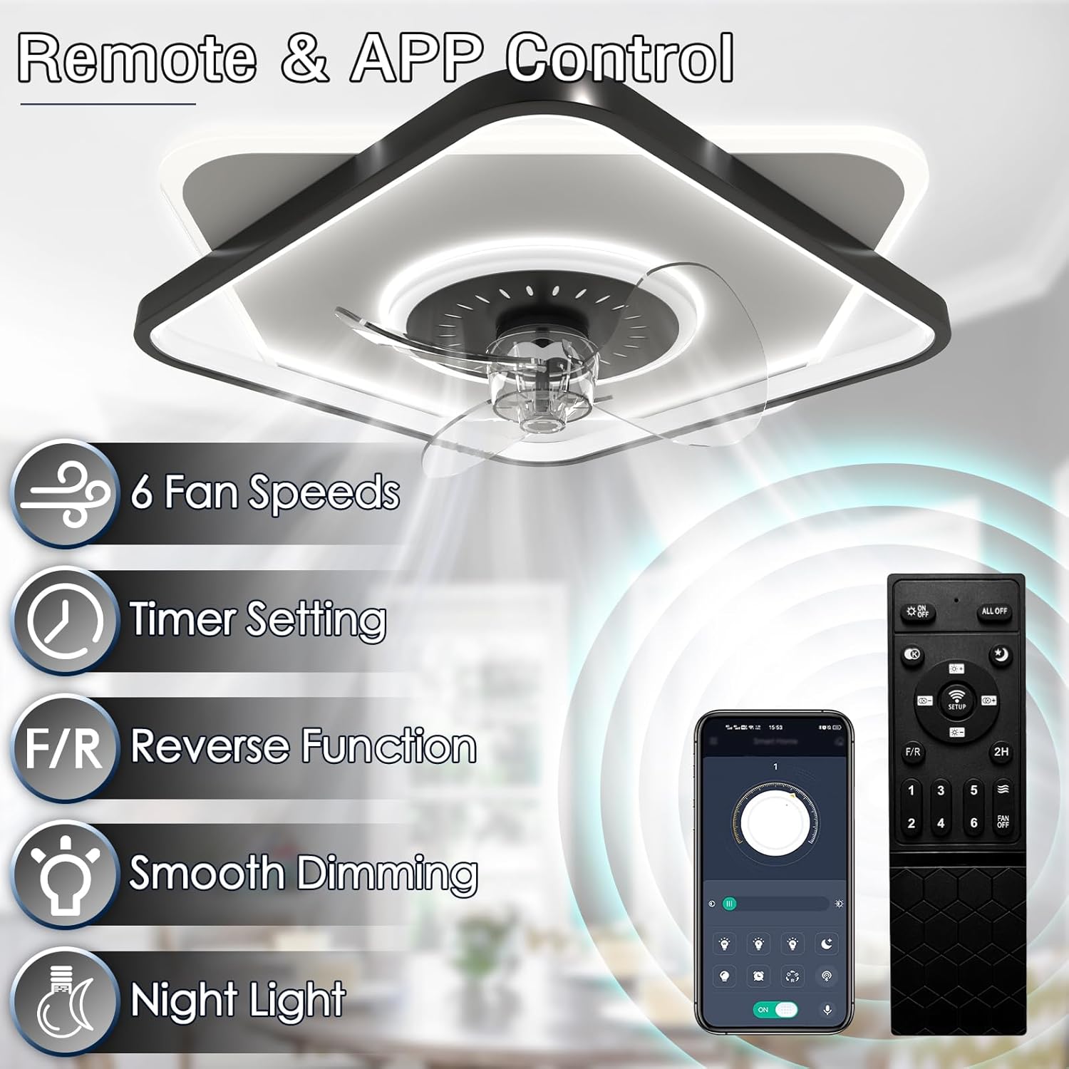 Thumbnail 6 de FRIXCHUR Low Profile Ceiling Fans with Lights and Remote: Compact, Dimmable Illumination in a Sleek Fandelier