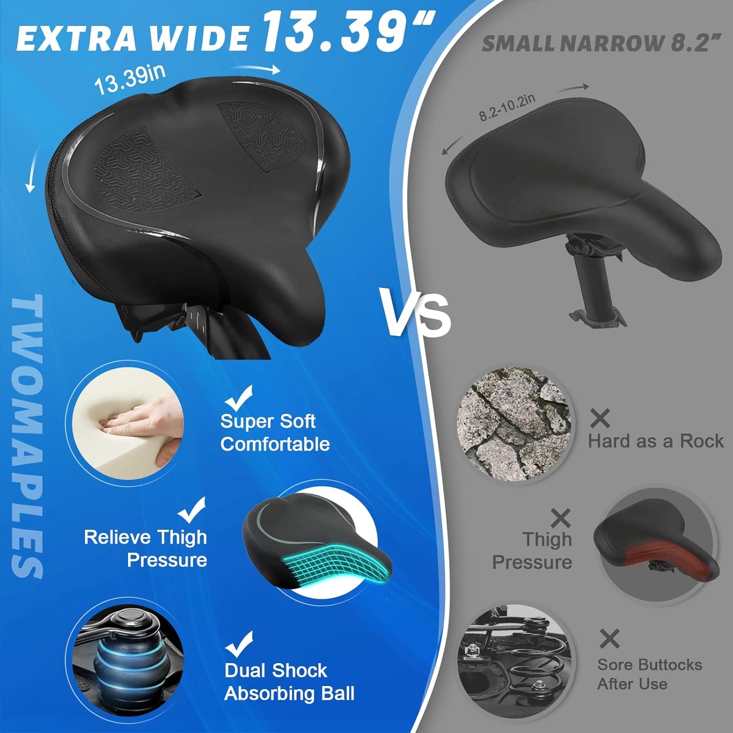 Detalle 2 de Twomaples Extra Wide Bike Seat for Women & Men — Oversized Comfort Saddle for Peloton, Exercise, Electric, Mountain & Cruiser Bikes