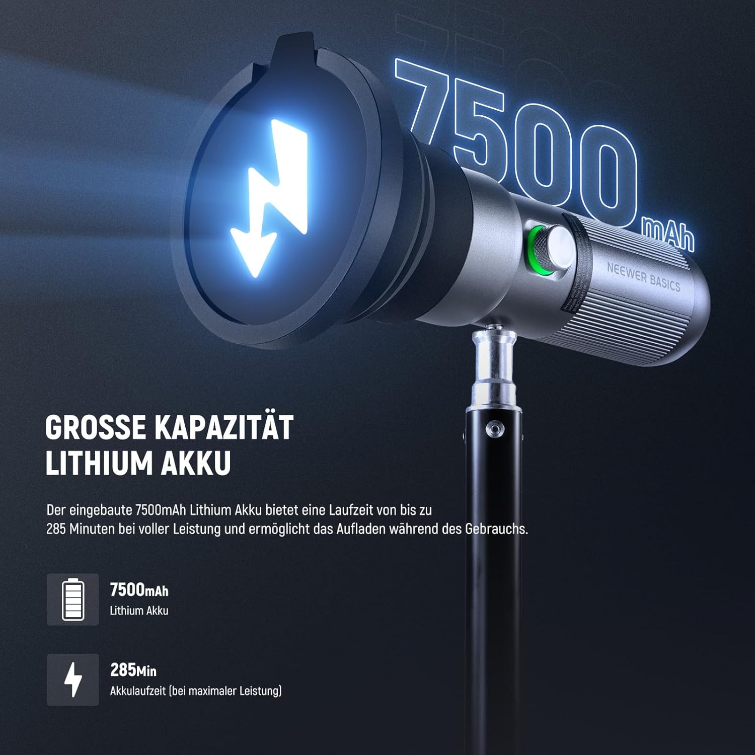 Thumbnail 6 de NEEWER BASICS RGB Fotografie Taschenlampe mit Tischstativ – 4 Farben, 20 Gobo-Filter, 7500mAh, 10W, 6300K CRI95+