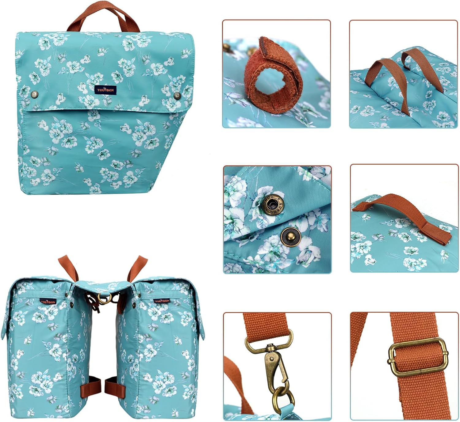 Thumbnail 1 de TOURBON Waterproof Canvas Bicycle Rear Pannier Bag (Flower Pattern) – Double Roll-Up Storage for Bike Rack