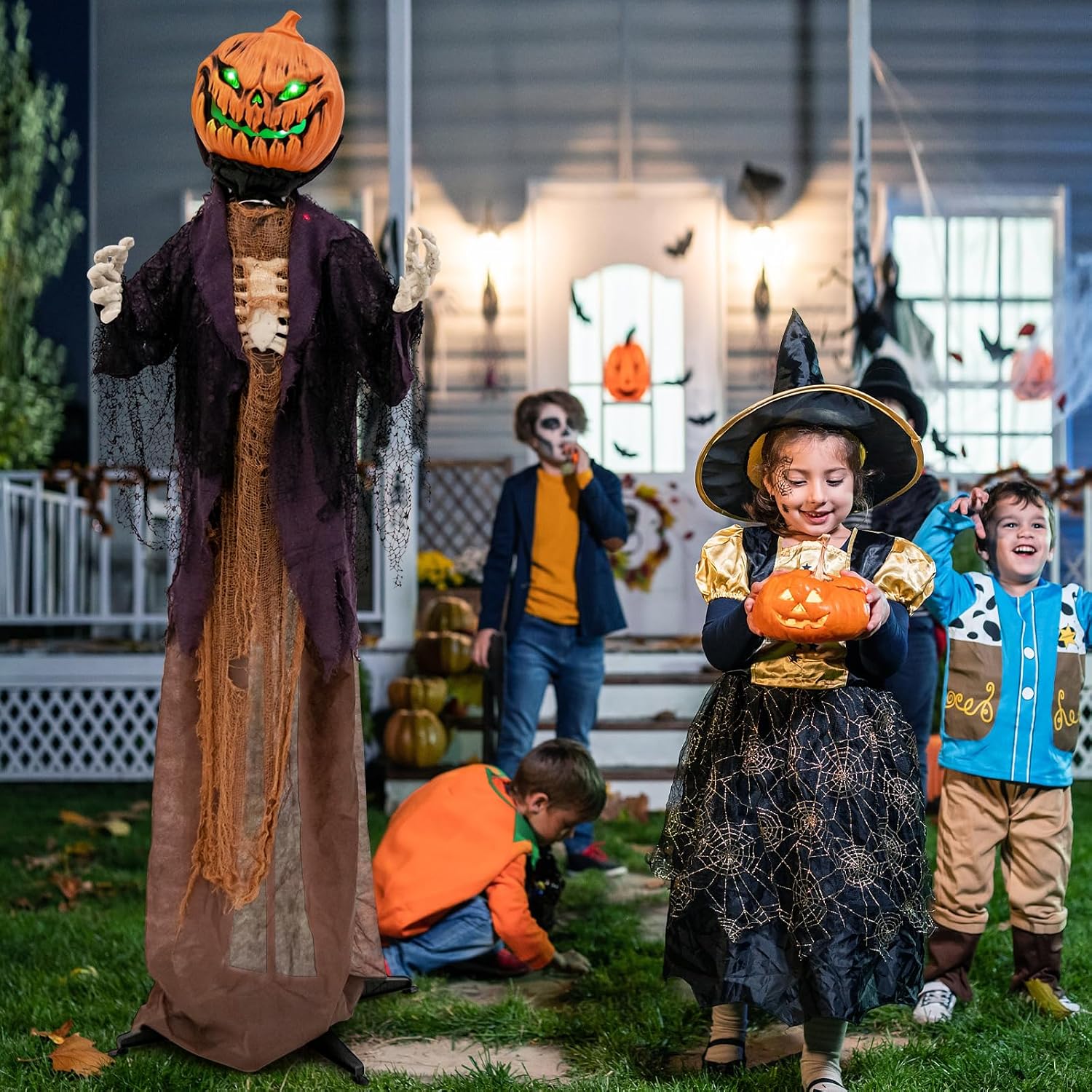 Detalle de Tangkula AM7608HM 5.6-Ft Animated Pumpkin Scarecrow with Green Eyes