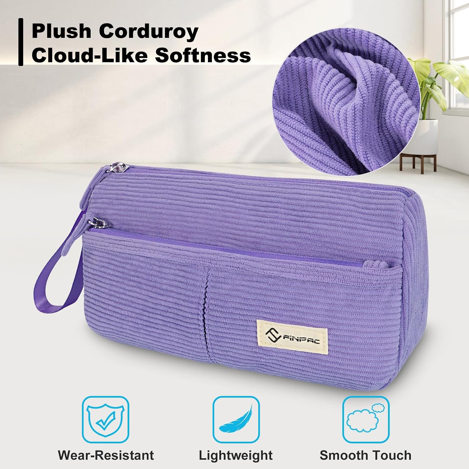 Thumbnail 2 de Trousse scolaire FINPAC en velours côtelé (violette) avec poche zippée et dragonne