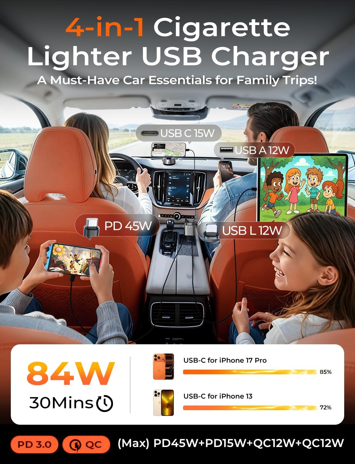 Detalle de LISEN Retractable 69W Car Charger USB-C