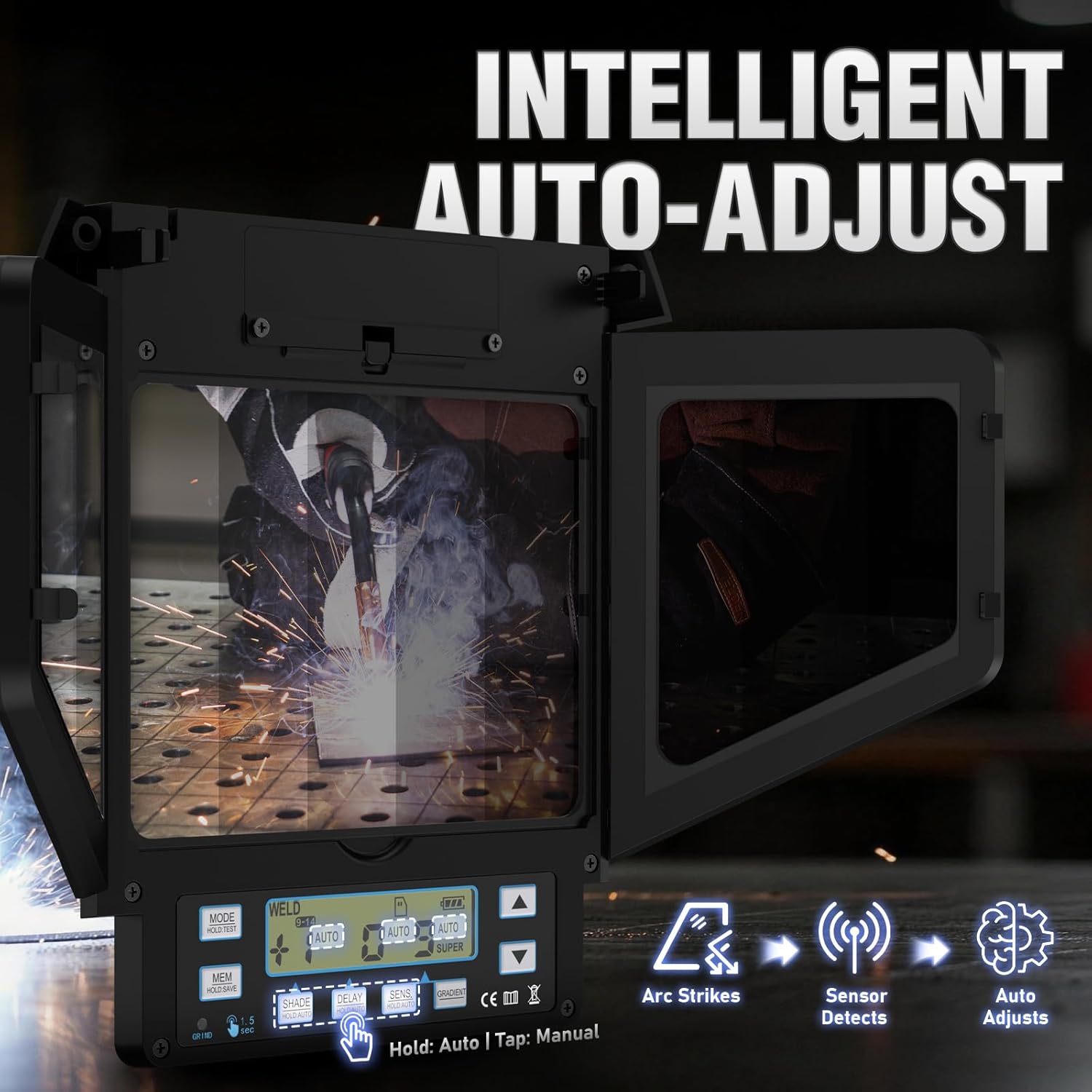 Detalle de YESWELDER Intelligent Auto-Adjustment Auto-Darkening Welding Helmet with 180° Panoramic View