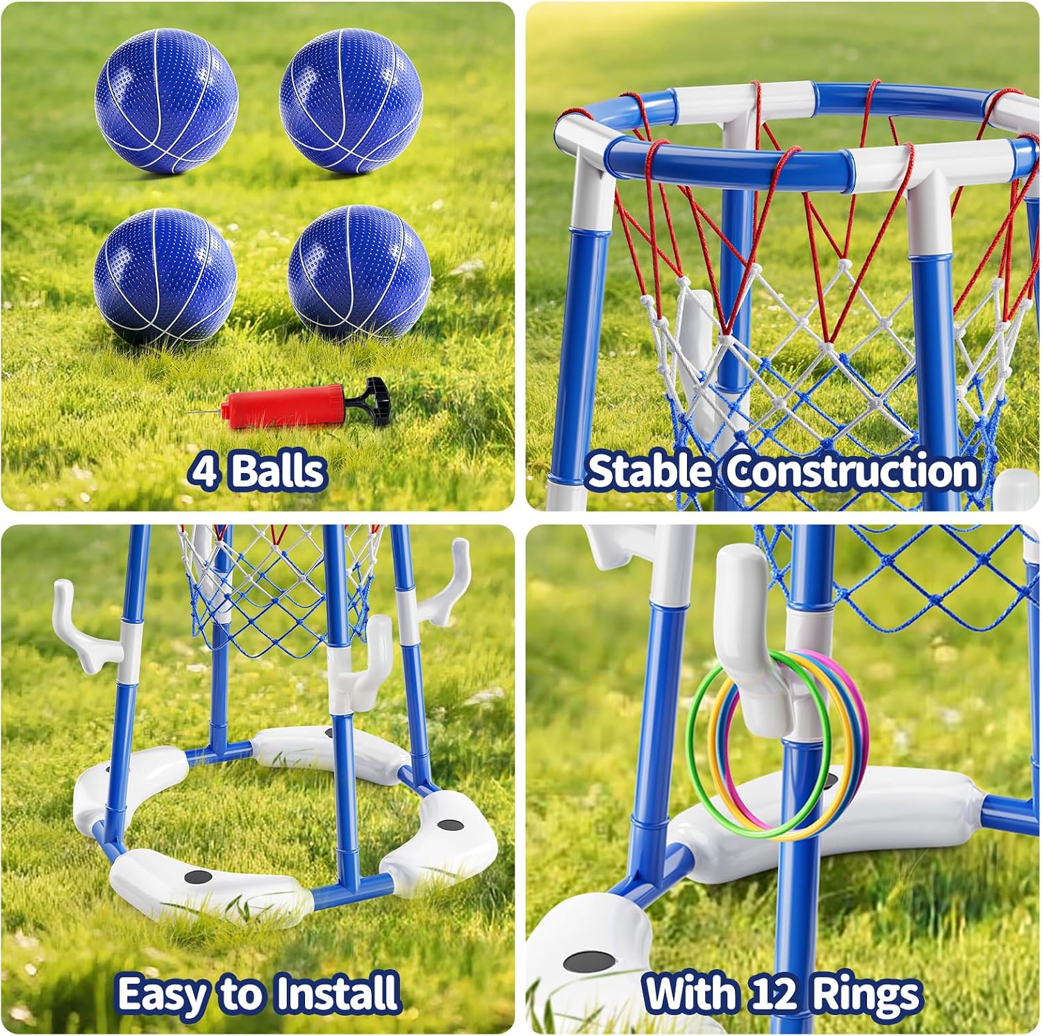 Detalle de Sitodier Pool Basketball Hoop for Kids – 2-in-1 Floating Ring Game with 4 Balls and Pump