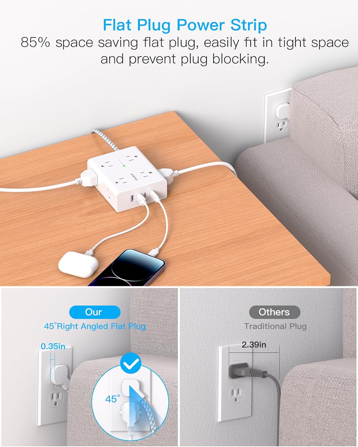 Thumbnail 3 de Surge Protector Power Strip 15ft with 8 Outlets and 4 USB Ports ๐