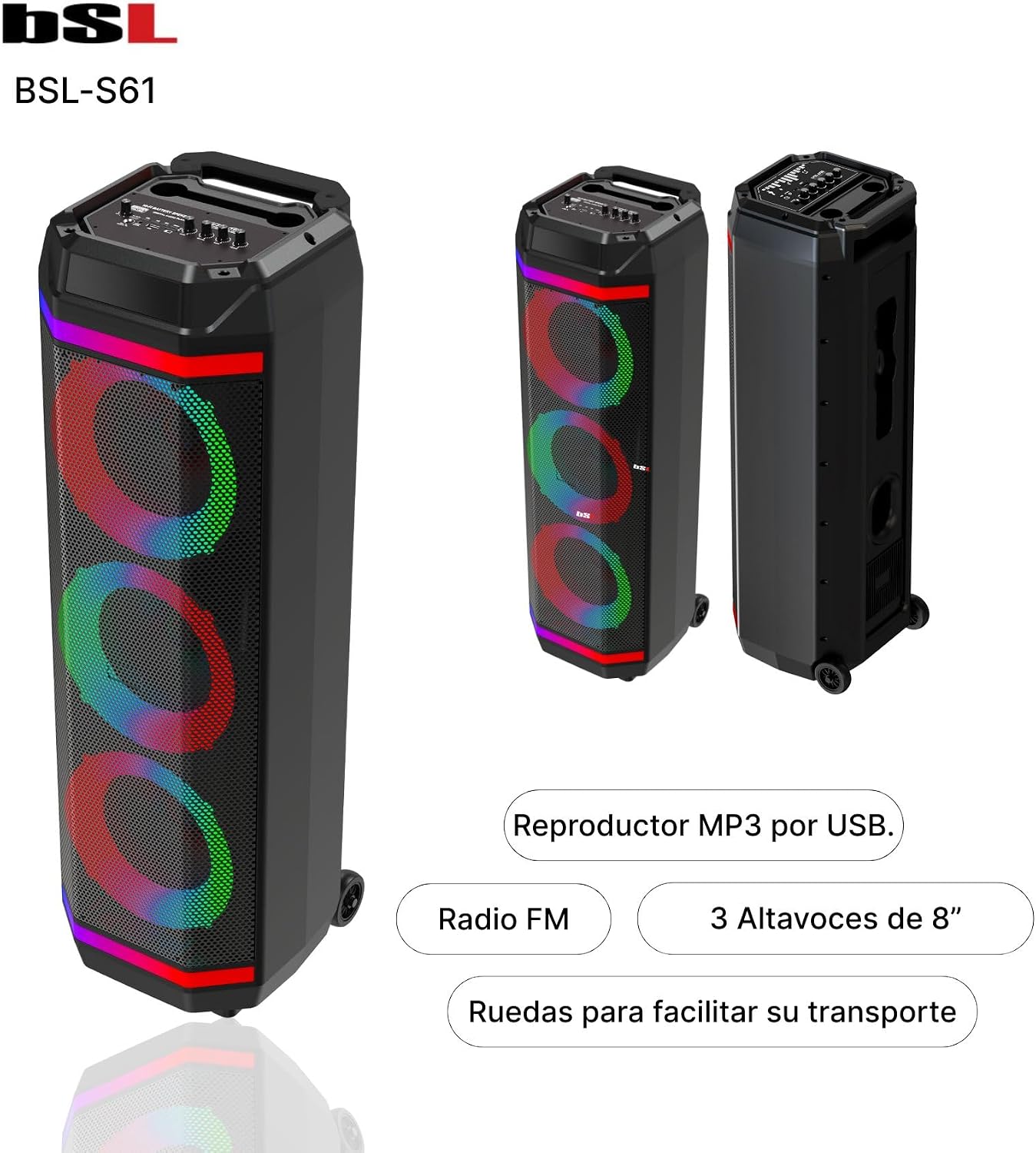 Thumbnail 6 de BSL BEAUTIFUL SOUND LINE BSL-S61 altoparlante Bluetooth con illuminazione, 3 altoparlanti da 8" e microfono incluso