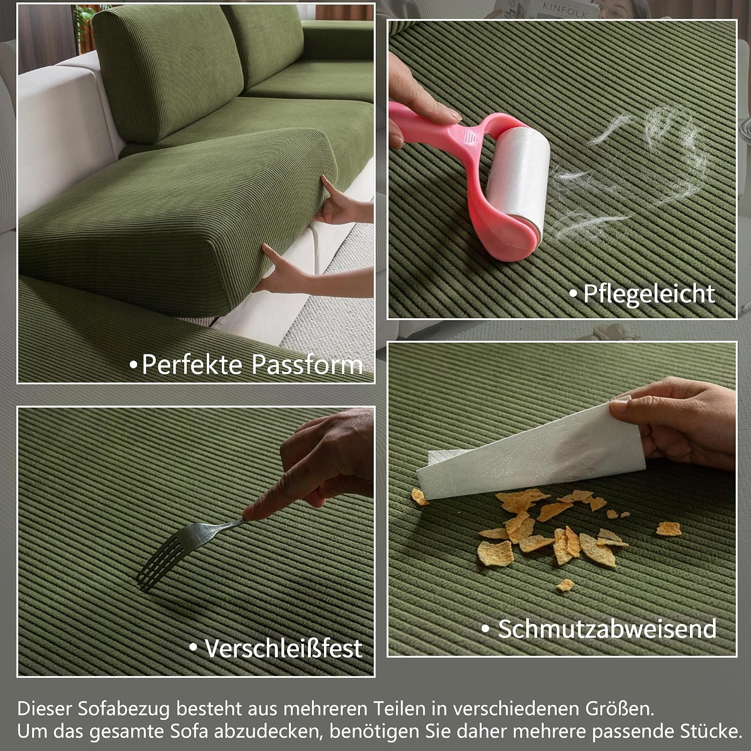 Detalle de OHSIO Stretch Sofa Sitzkissenbezug (Grün) – rutschfester, waschbarer Bezug für Sofa & mehr