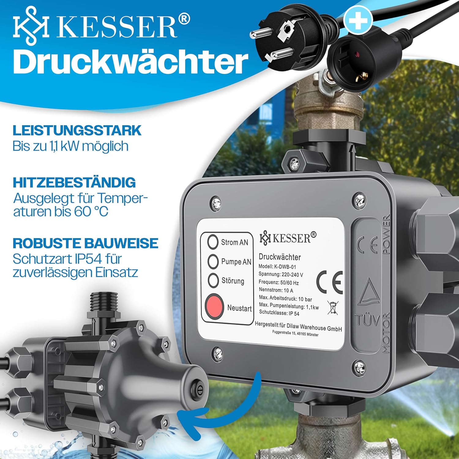 Detalle de KESSER Druckwächter Druckschalter | 10 bar Pumpensteuerung für Hauswasserwerk und Gartenbewässerung