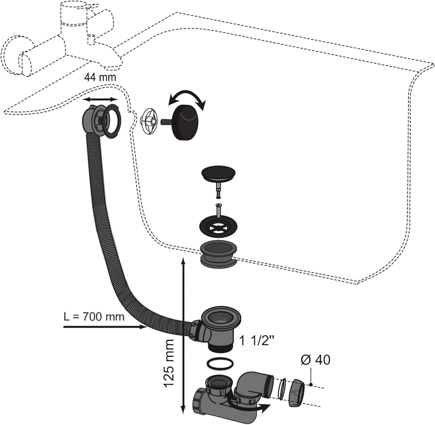 Thumbnail 3 de Wirquin 30724541 Set di scarico per vasca da bagno Black Touch con cavo L700 mm, nero