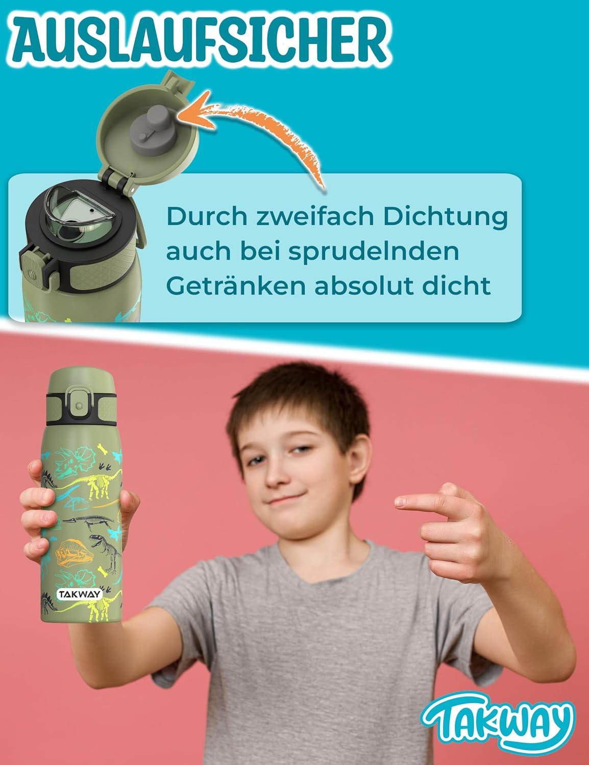 Detalle de TAKWAY Edelstahl Trinkflasche Kinder 550ml Flamingo – auslaufsicher, isoliert und kohlensäuregeeignet