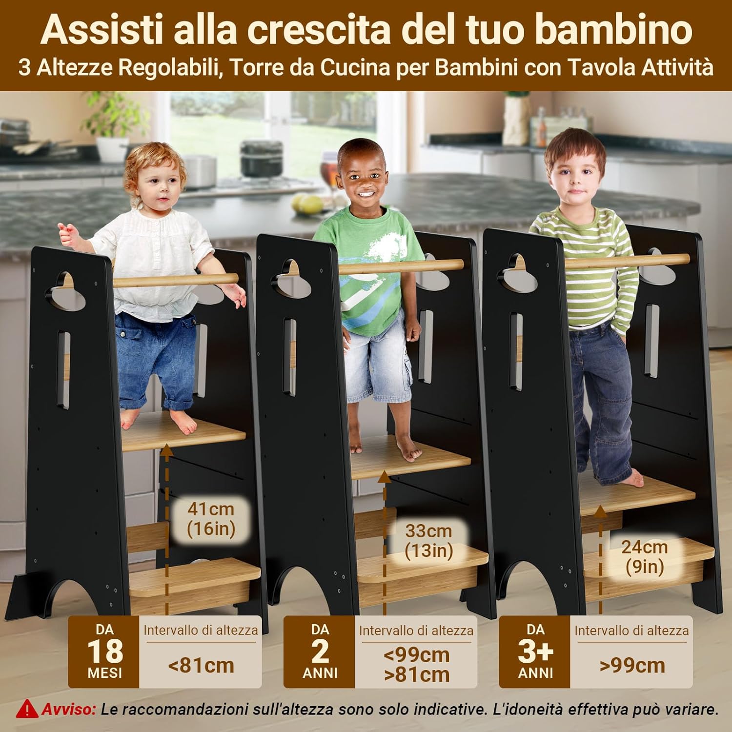 Detalle de COSYLAND Torre Montessoriana per Bambini – 3 Altezze in Legno, Nero Classico/Naturale