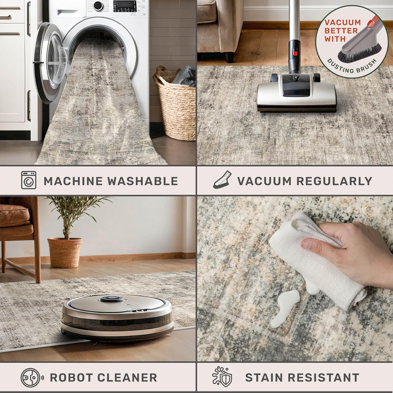 Thumbnail 3 de Washable 8x10 Area Rug (Taupe Brown) — Ultra-Soft Vintage Distressed Farmhouse Carpet with Non-Slip Backing