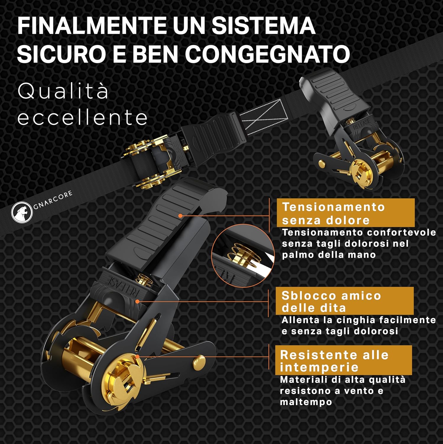 Detalle de Cinghie di fissaggio a cricchetto Premium (set da 4) da 800 kg con borse, certificate DIN EN 12195-2