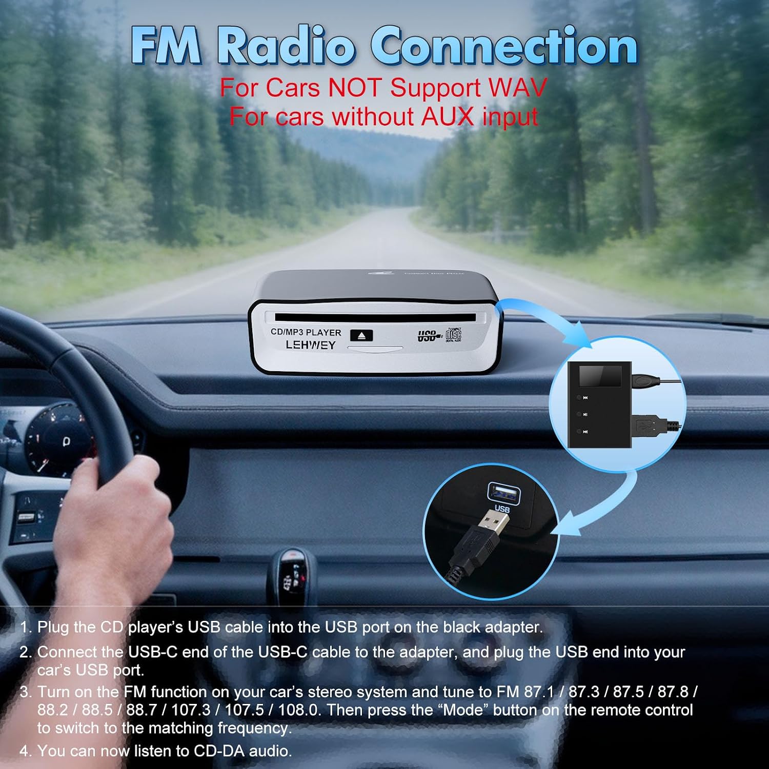 Detalle 1 de Lehwey SX-2800A USB CD Player for Cars with AUX, FM and Anti-Skip