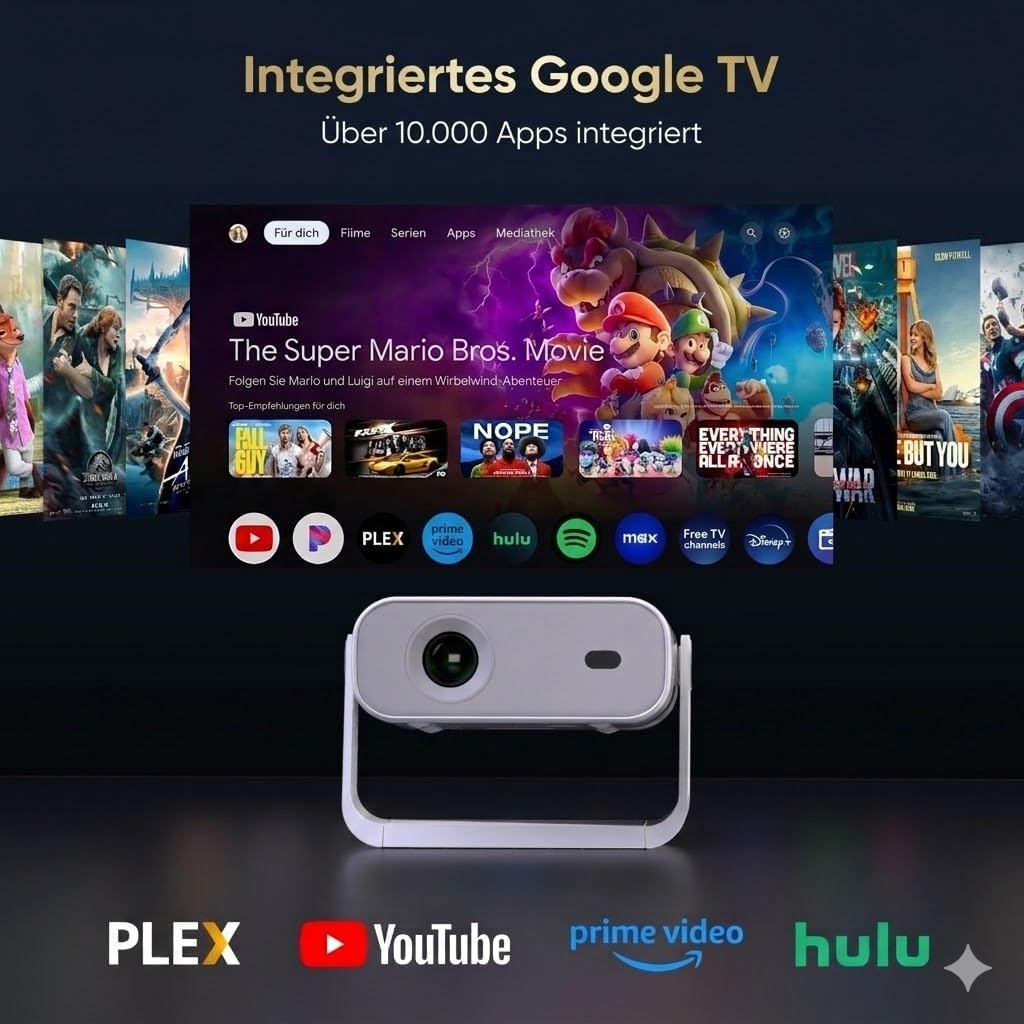 Thumbnail 2 de Wielio 2026 Upgrade Google TV Beamer GE211B – Mini-Projektor mit nativem 1080p, 4K-Decoding, 25.000 Lumen und 360°-Stativ
