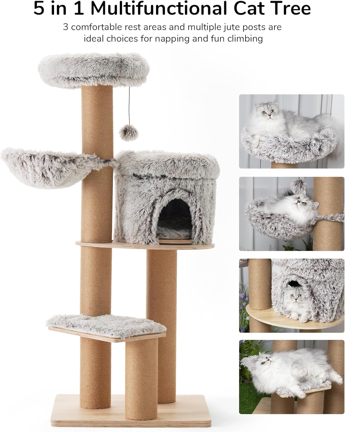 Thumbnail 2 de FUKUMARU Cat Tree 5 in 1 (155cm) with 4 Levels, 6 Scratching Posts & Detachable Cushions