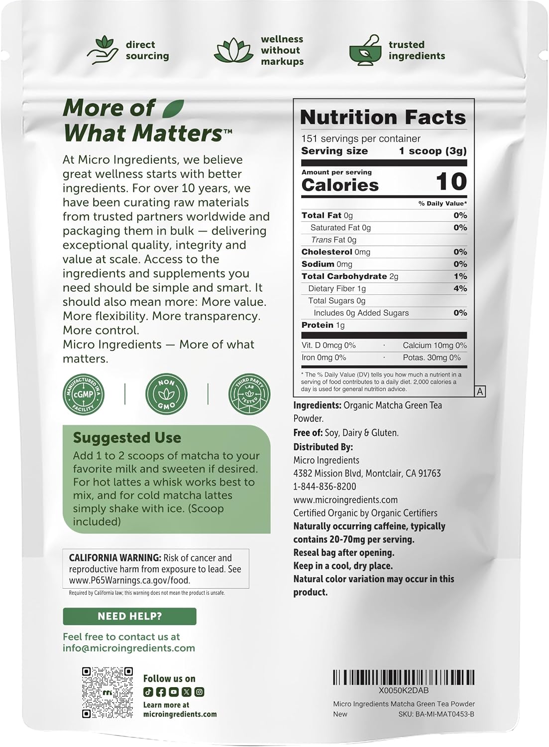 Detalle de Micro Ingredients Matcha Green Tea Powder 1 lb