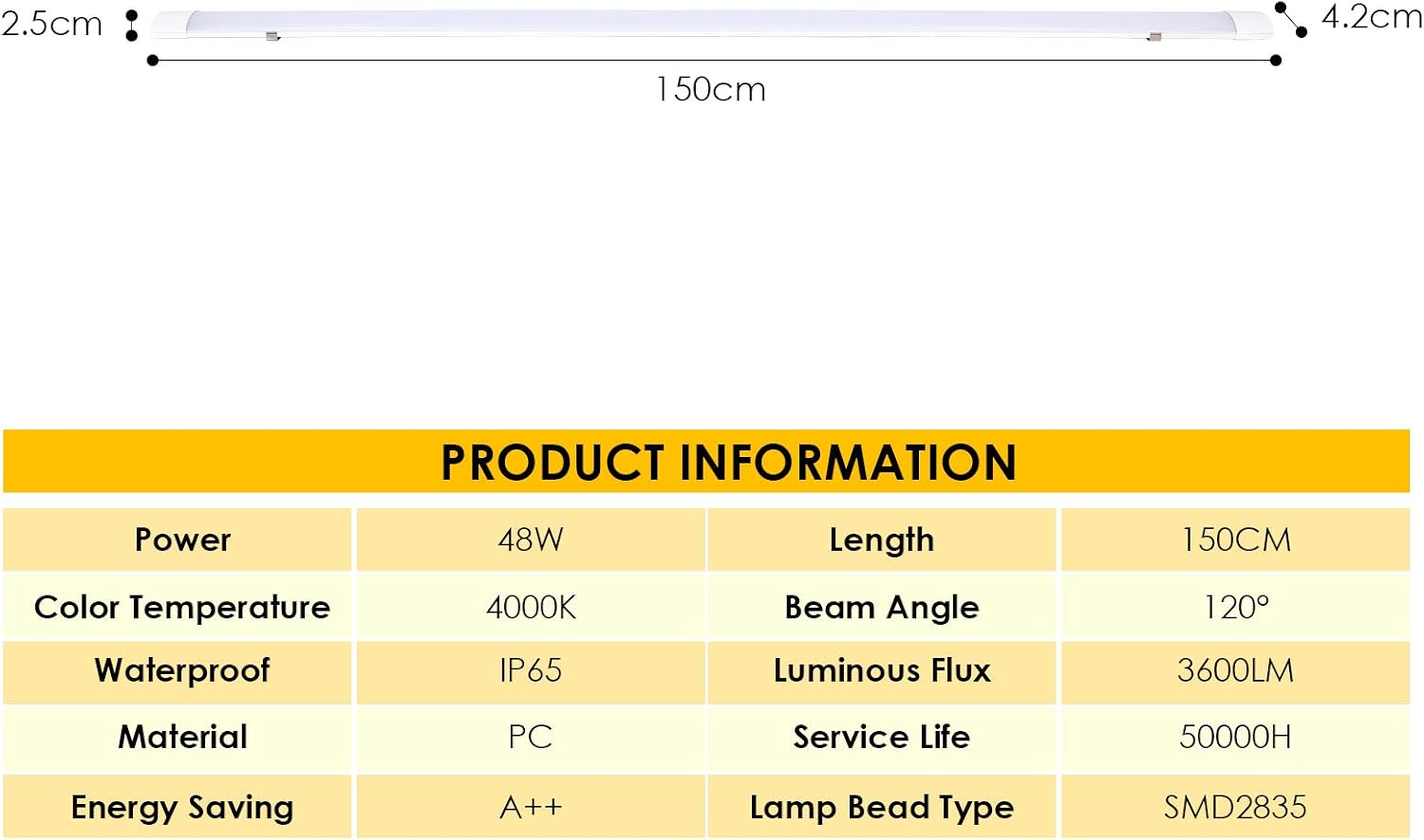 Detalle de Gimisgu 4x Néon LED 150 cm 48 W, tube connectable IP65 4000K blanc neutre