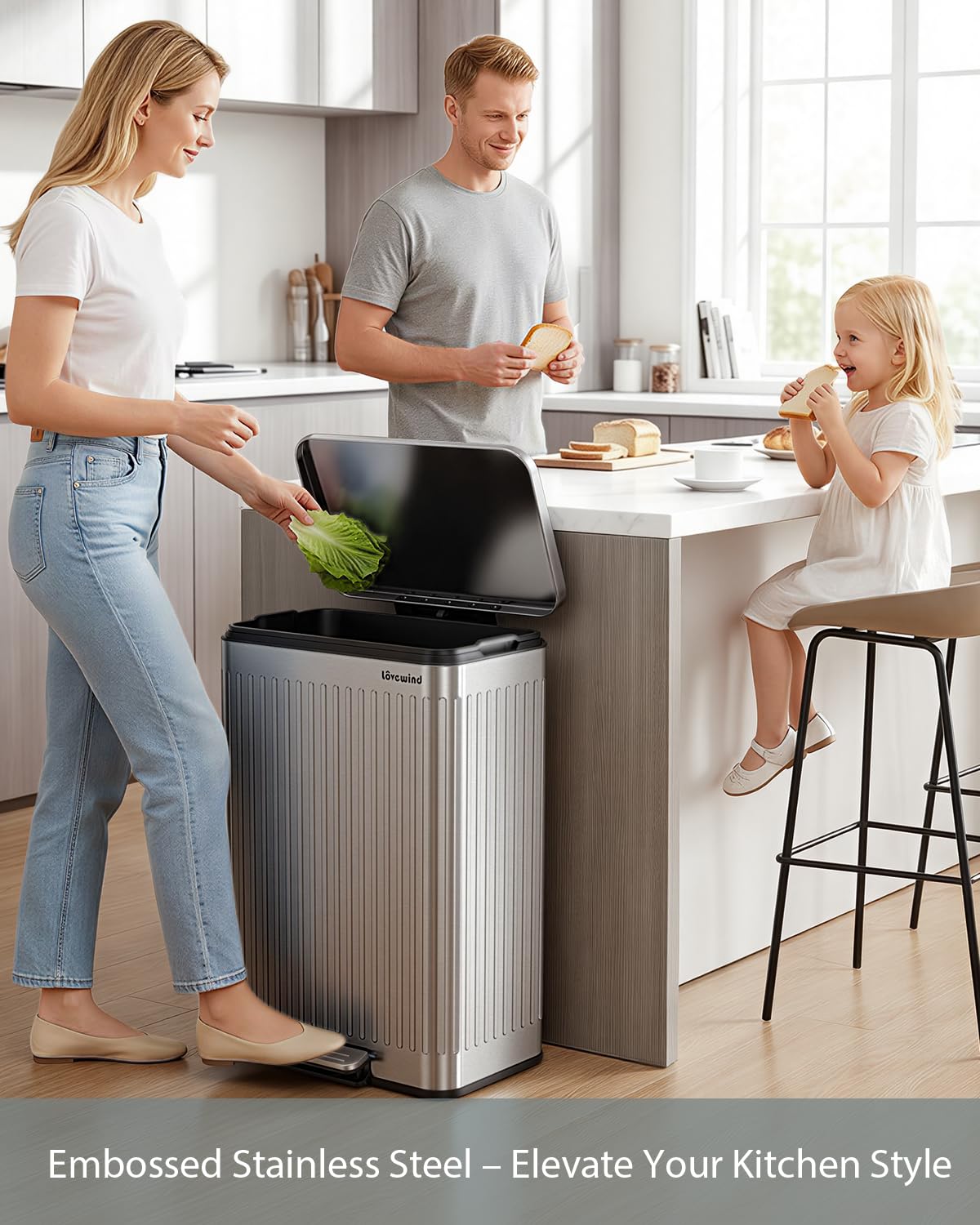 Detalle de Lovewind 60L keukenafvalbak van RVS met pedaal en softclose