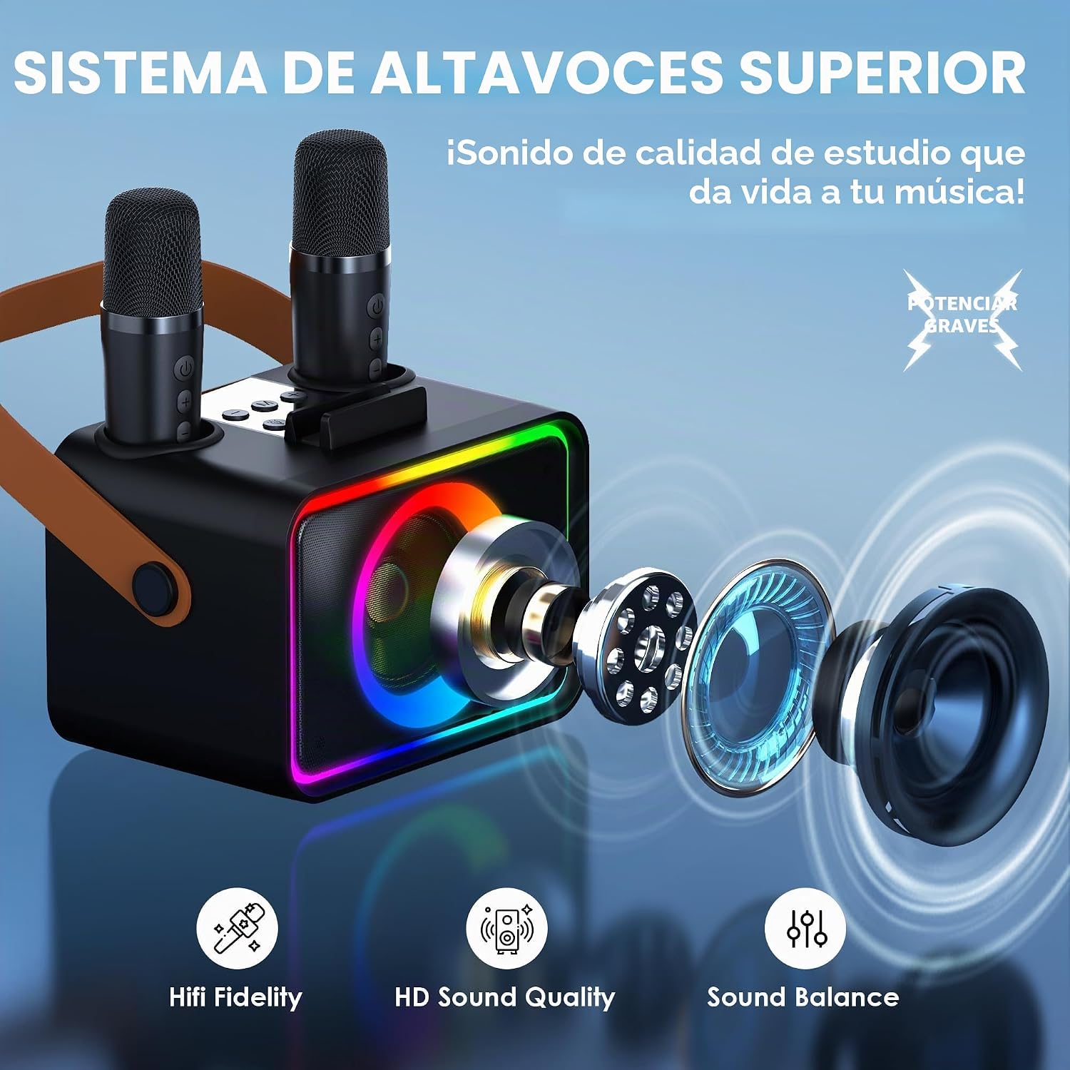 Detalle de Wowstar Máquina de Karaoke con 2 micrófonos: altavoz Bluetooth portátil para fiestas con luces