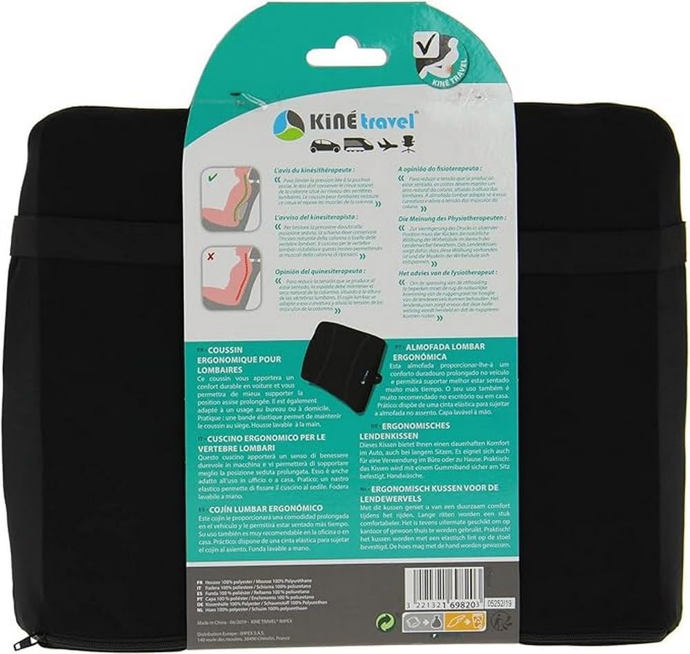 Detalle 2 de Kiné Travel Coussin lombaire ergonomique – soutien dorsal naturel pour bureau et voyage (Noir, 36x27x6 cm)