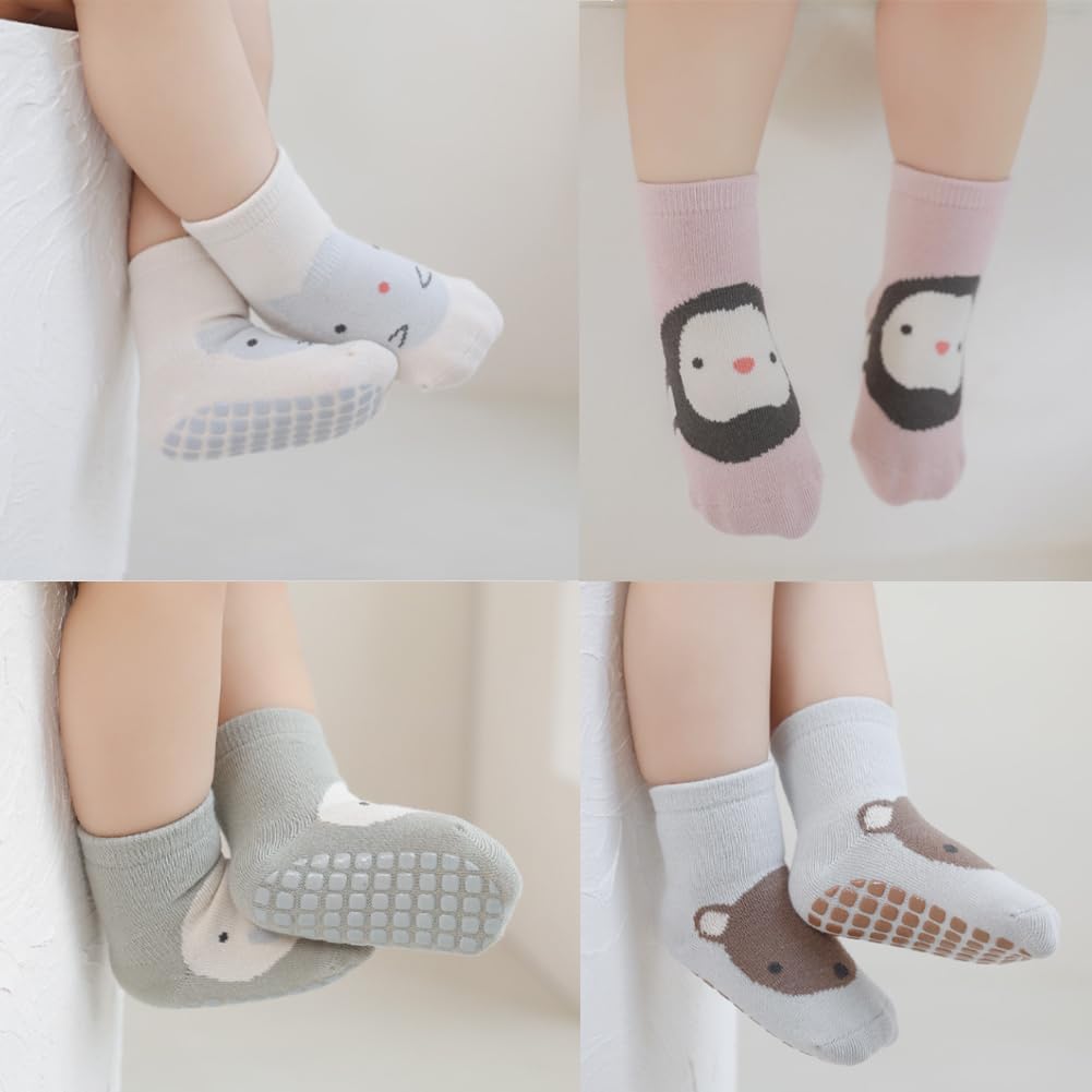 Detalle de Exemaba Baby Socks with Grips for Girls Boys – 5 Pairs, Cute Animal Cartoon, Anti-Slip Toddler Socks