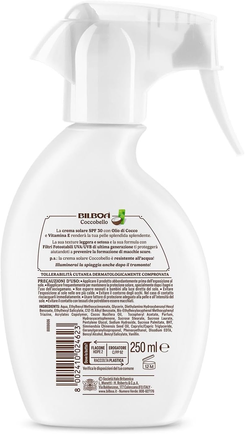 Detalle 2 de Bilboa Coccobello Trigger Solare SPF 30 con olio di cocco, resistente all’acqua, 250 ml