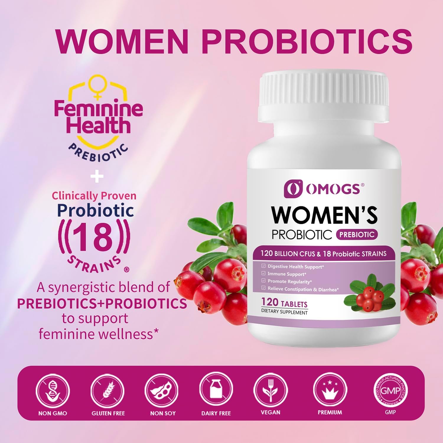 Detalle 2 de OMOGS Women's Probiotic Tablets with Cranberry, Prebiotics, Vitamin C & 18 Strains