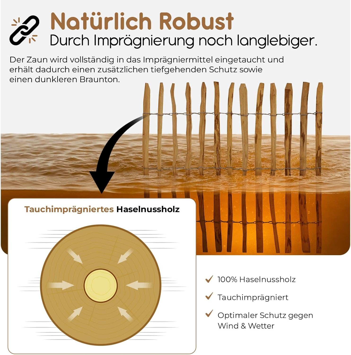 Detalle de BOOGARDI Gartenzaun Holz – Staketenzaun aus Haselnuss, 50 cm hoch, 5 m lang