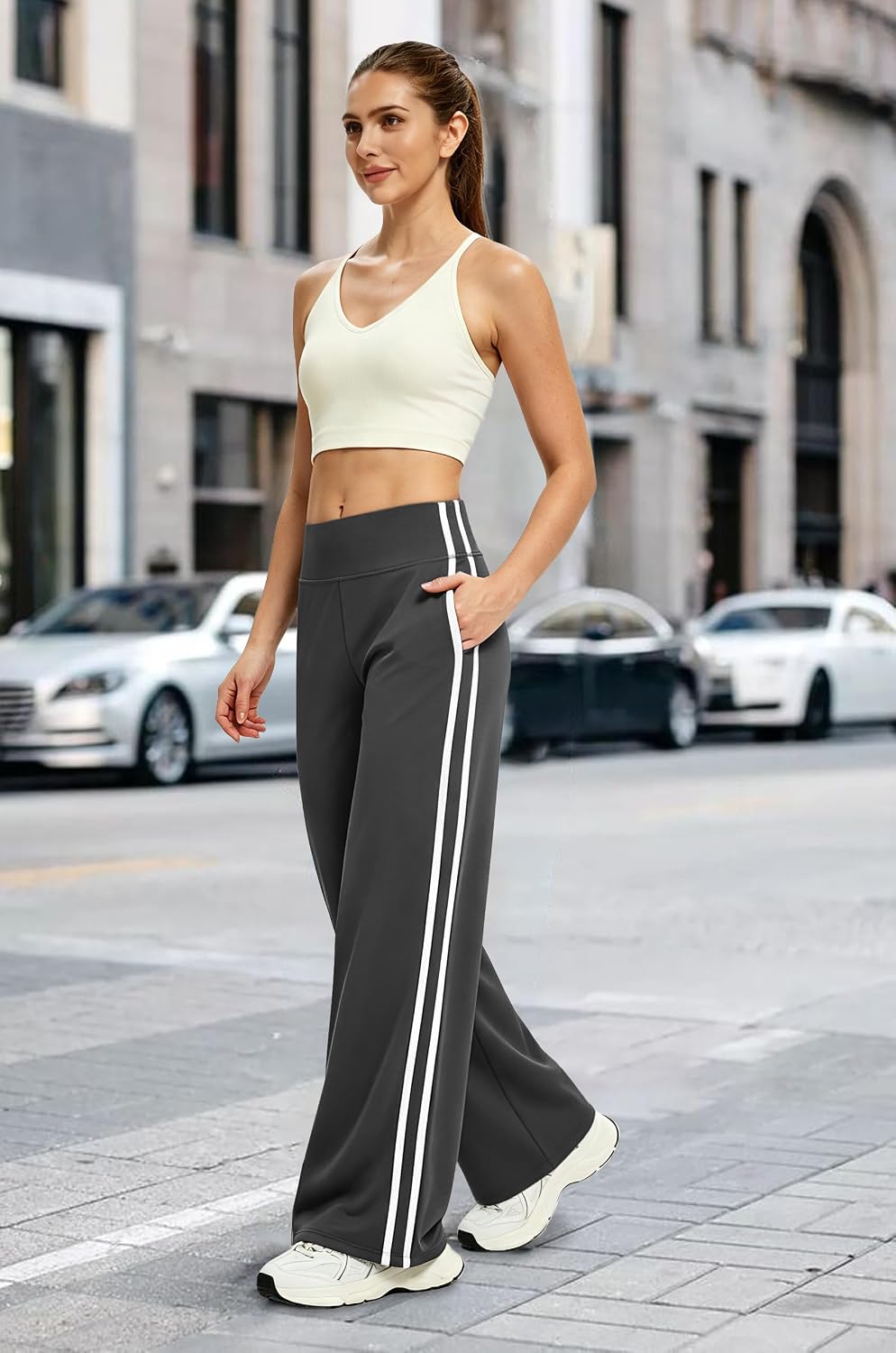 Detalle de Alaroo Women's High-Waisted Wide-Leg Track Pants with Pockets and Side Stripes