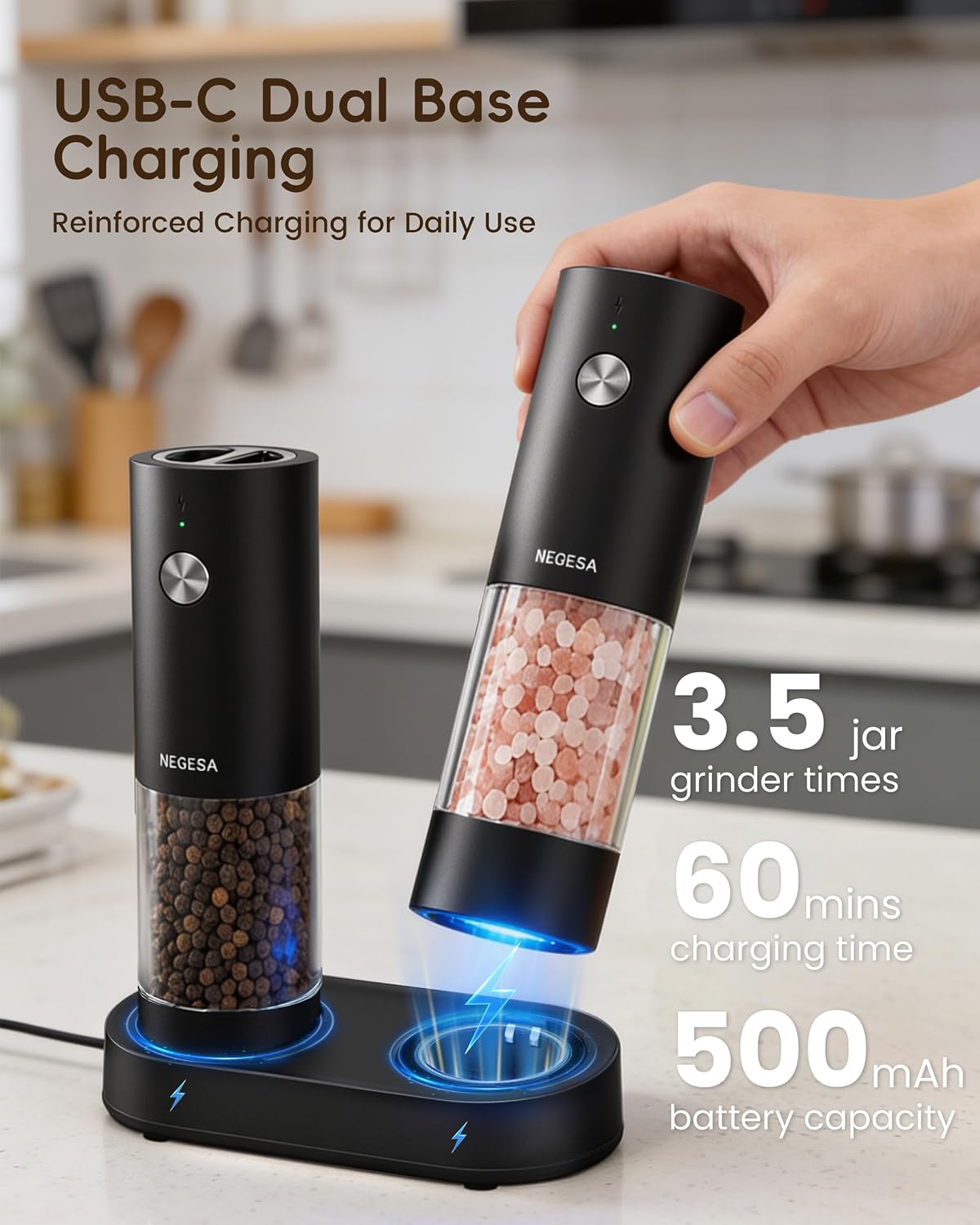 Detalle 1 de Electric Salt and Pepper Grinder Set, 140ml Capacity