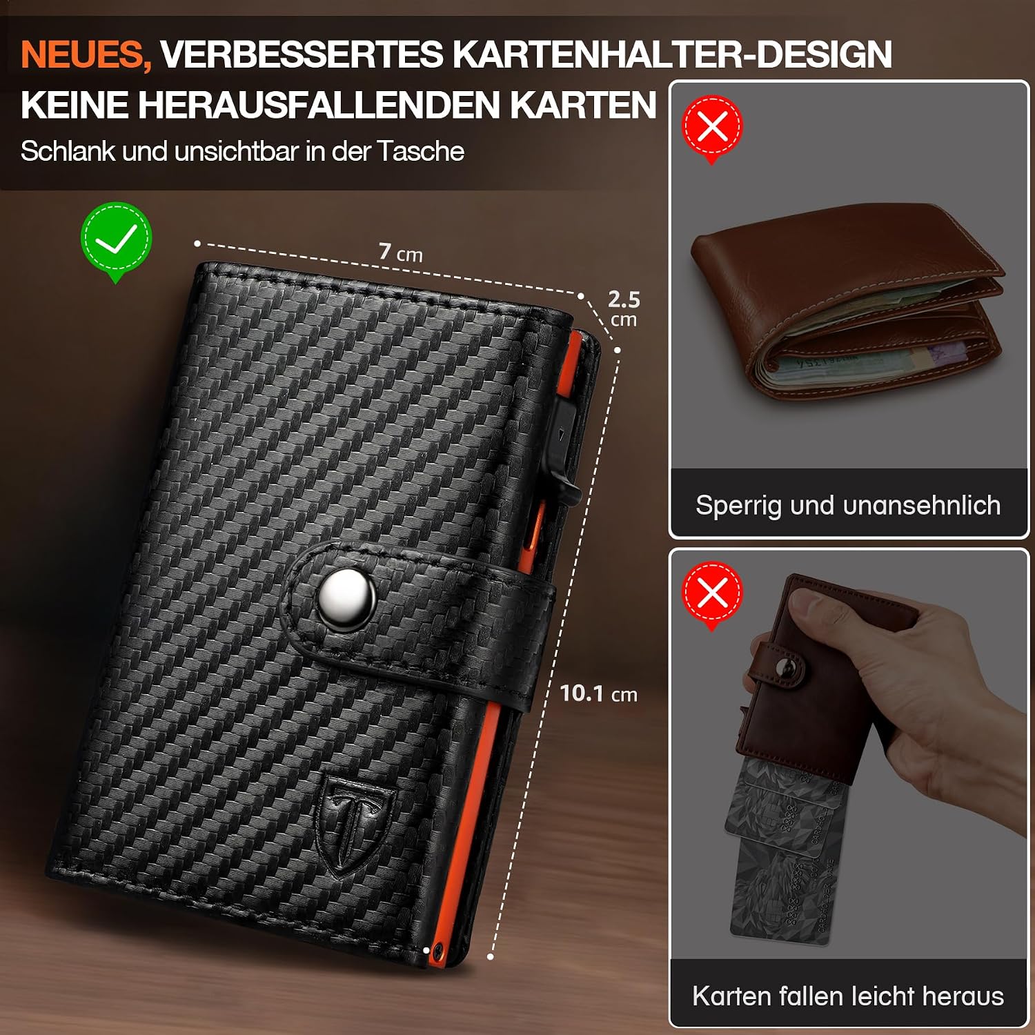 Detalle de TENBST Geldbörse Herren Slim Wallet mit RFID-Schutz – Schwarz/Orange, Kartenetui bis 10 Karten, Münzfach, Geschenkverpackung