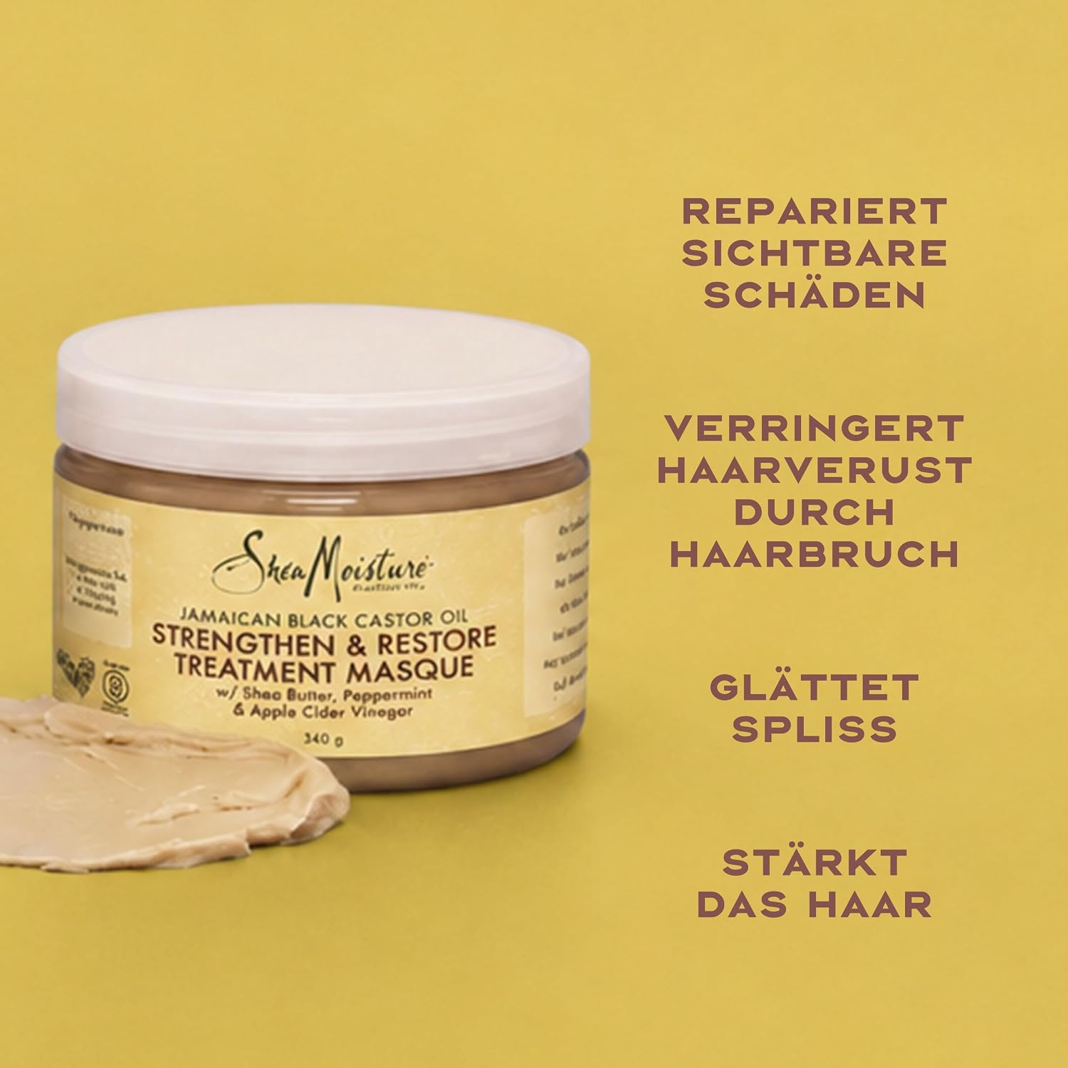 Detalle 2 de SheaMoisture Jamaican Black Castor Oil Strengthen & Restore Treatment Masque (Sheabutter/Pfefferminze/Apfelessig), 355 ml