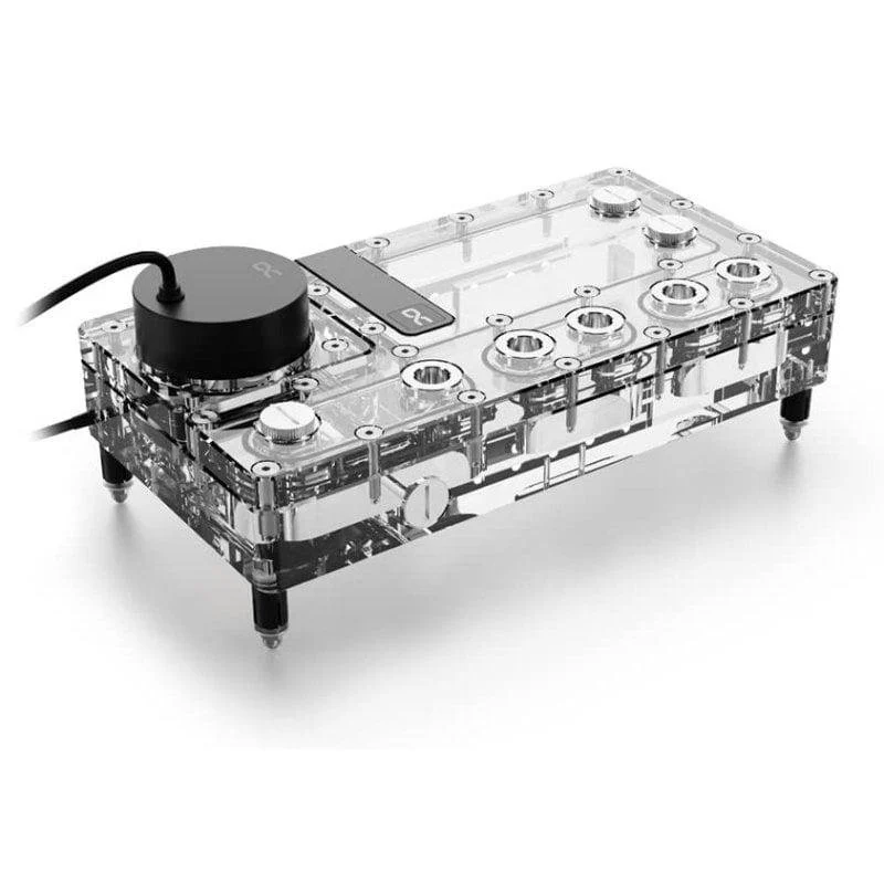 Detalle de Alphacool Core Distro Plate 240 mm con bomba VPP Apex y ARGB