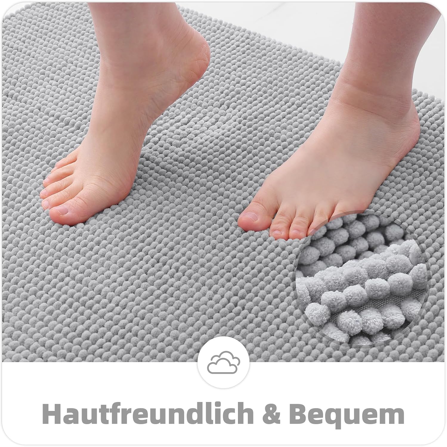Thumbnail 2 de OLANLY Chenille Badematte 60 x 90 cm, hellgrau – rutschfest, saugfähig und waschbar