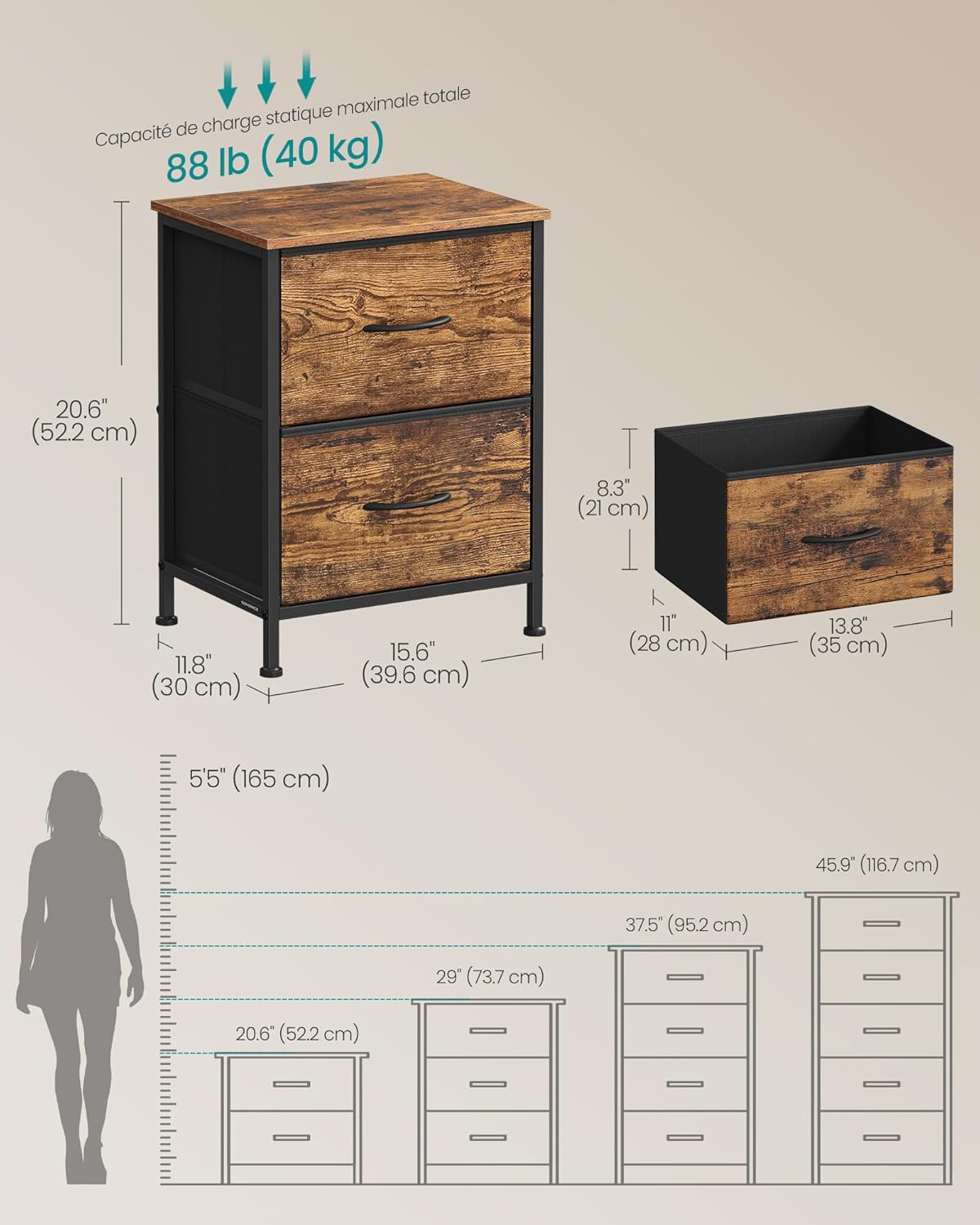 Detalle de SONGMICS BELLAH Collection – Table de Chevet 2 tiroirs, cadre en acier, style industriel (Marron Rustique & Noir d’Encre) LGS112KD01