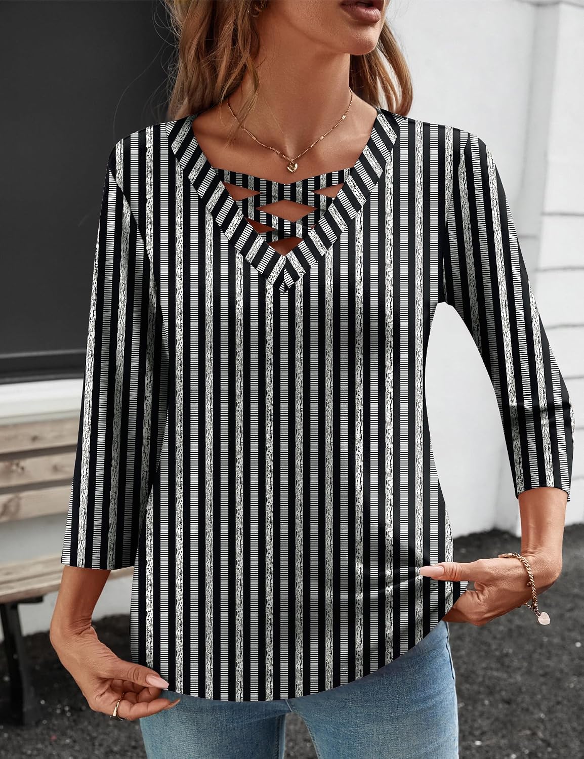Thumbnail 4 de Rapbin Women Blouses Dressy Casual Spring Tops with 3/4 Sleeves and Criss-Cross V-Neck