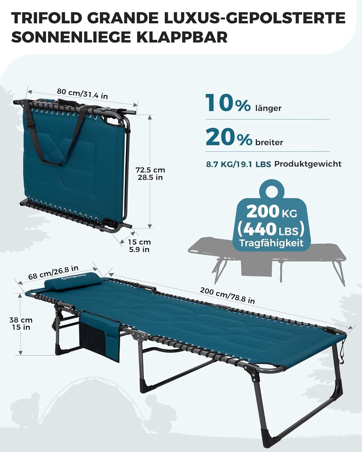 Detalle de KingCamp Übergroße Sonnenliege Klappbar 5‑Fach Verstellbar – 200 x 68 cm, bis 200 kg