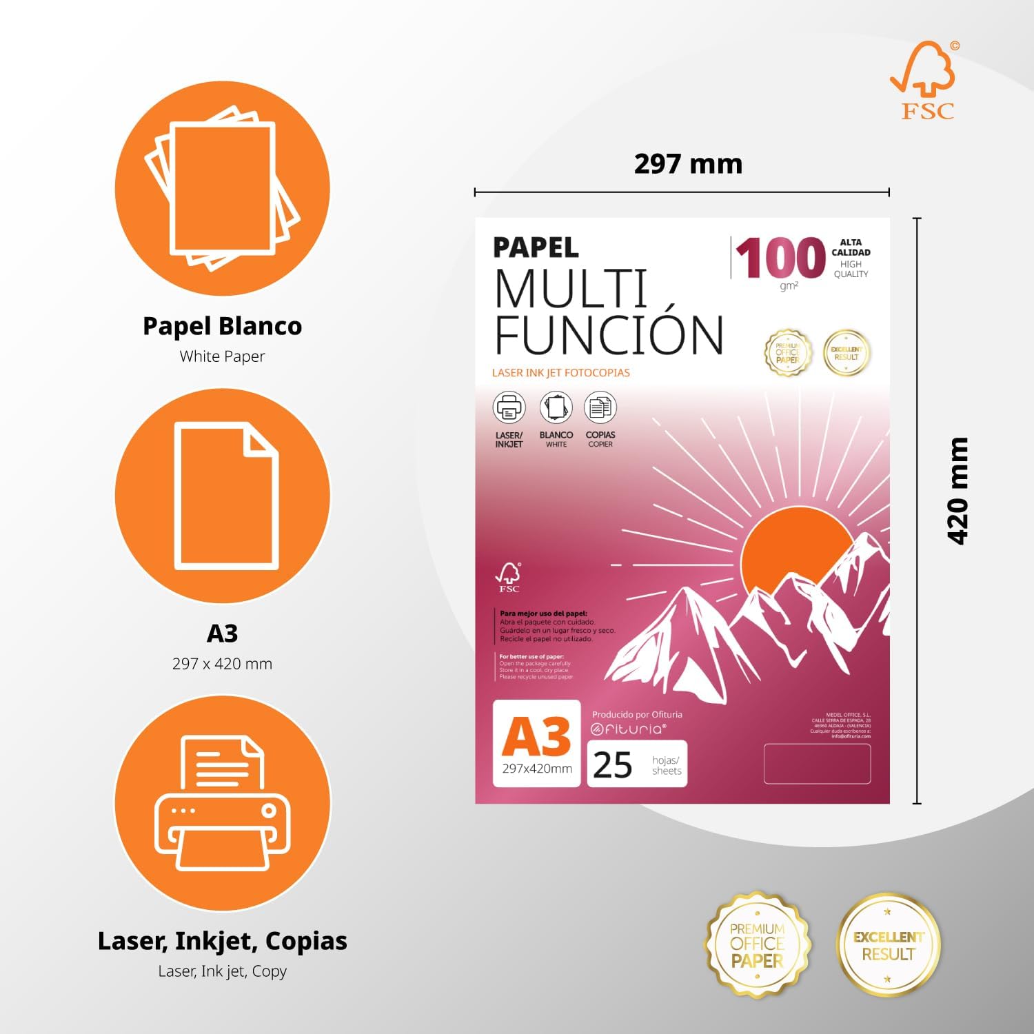Detalle 2 de Ofituria A3 Multifunktionspapier 100 g – 100 Blatt (A3, weiß) für Druck, Schule und Kreativität
