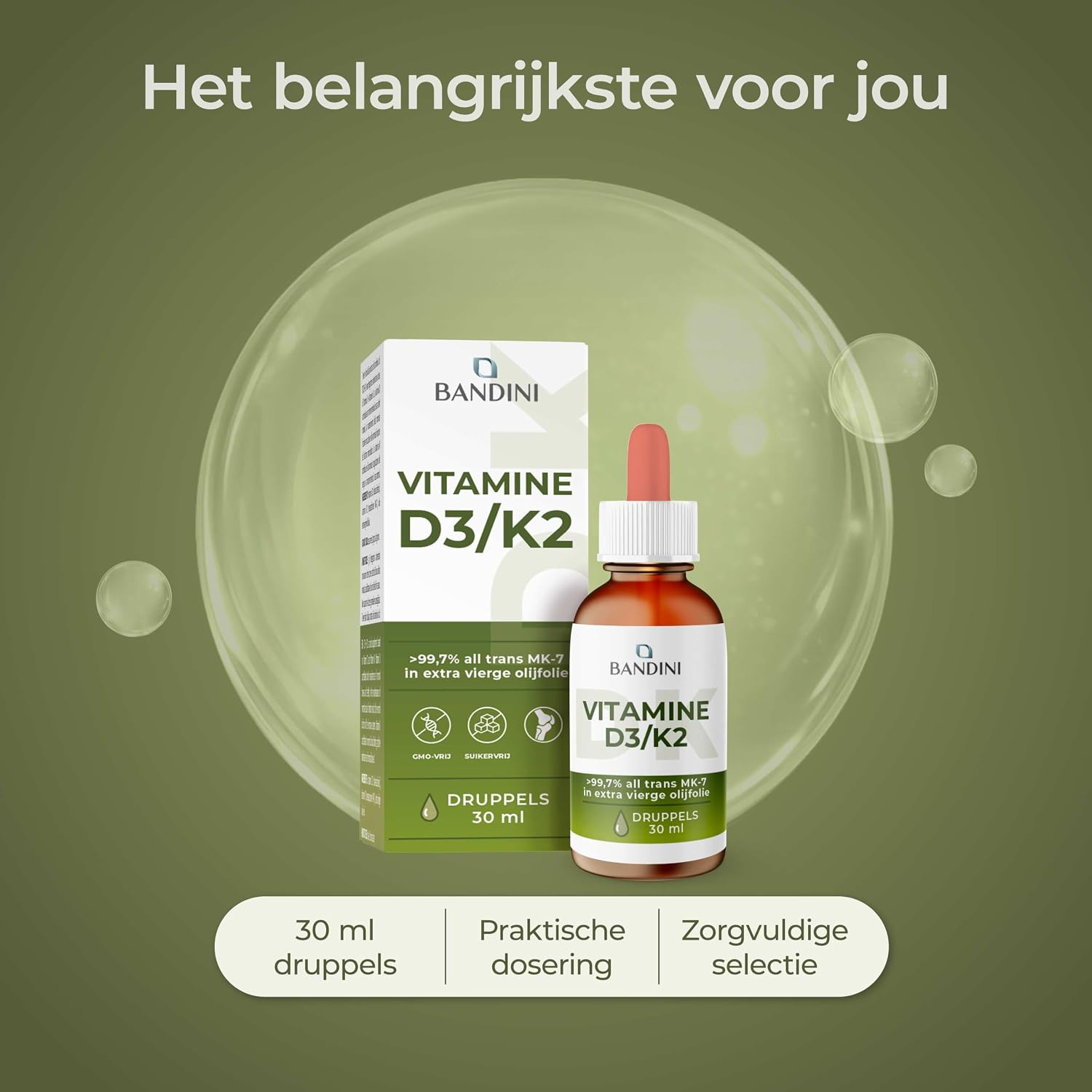 Detalle de BANDINI D3+K2 vitamine D3- en K2-druppels met olijfolie, 1000 IE per druppel