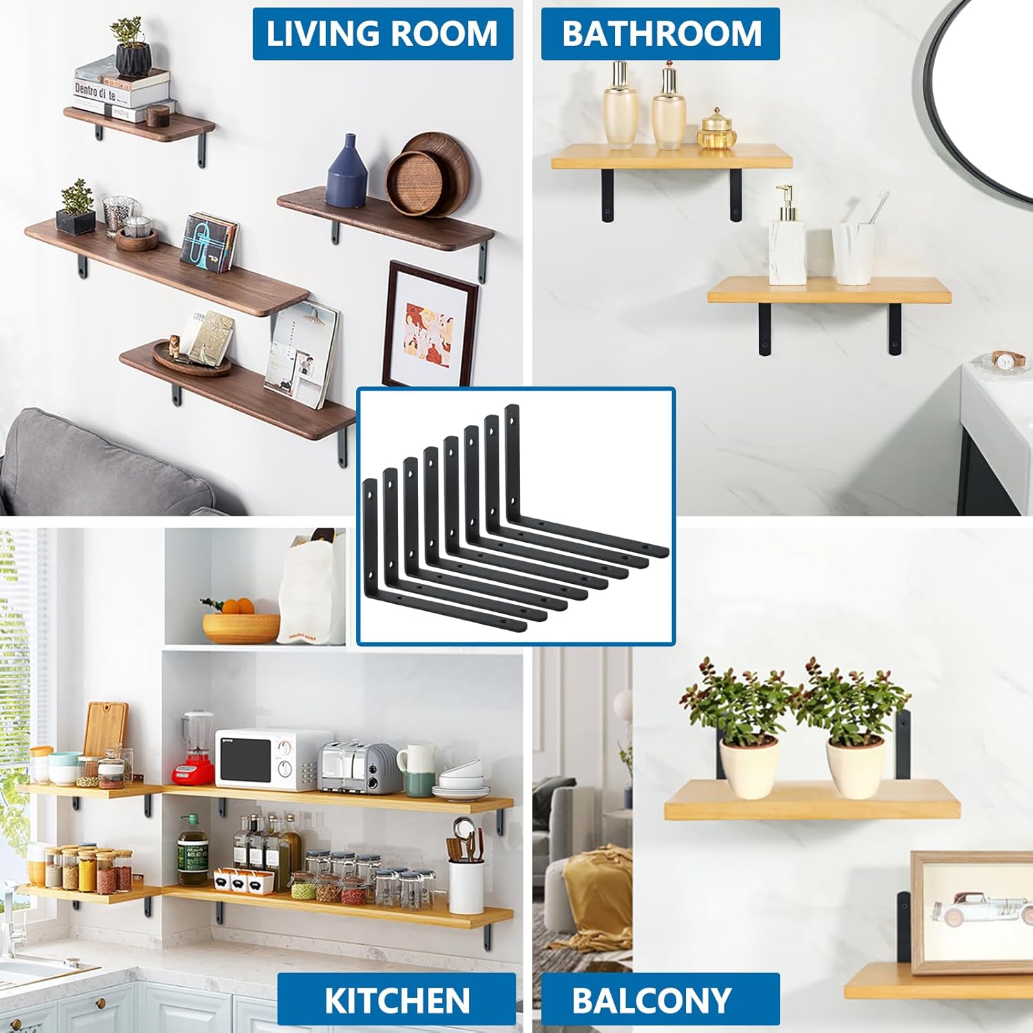 Thumbnail 6 de Mooche 8PCS Black Shelf Brackets 200mm – Heavy-Duty Metal L Brackets for Wall Mounted Shelves