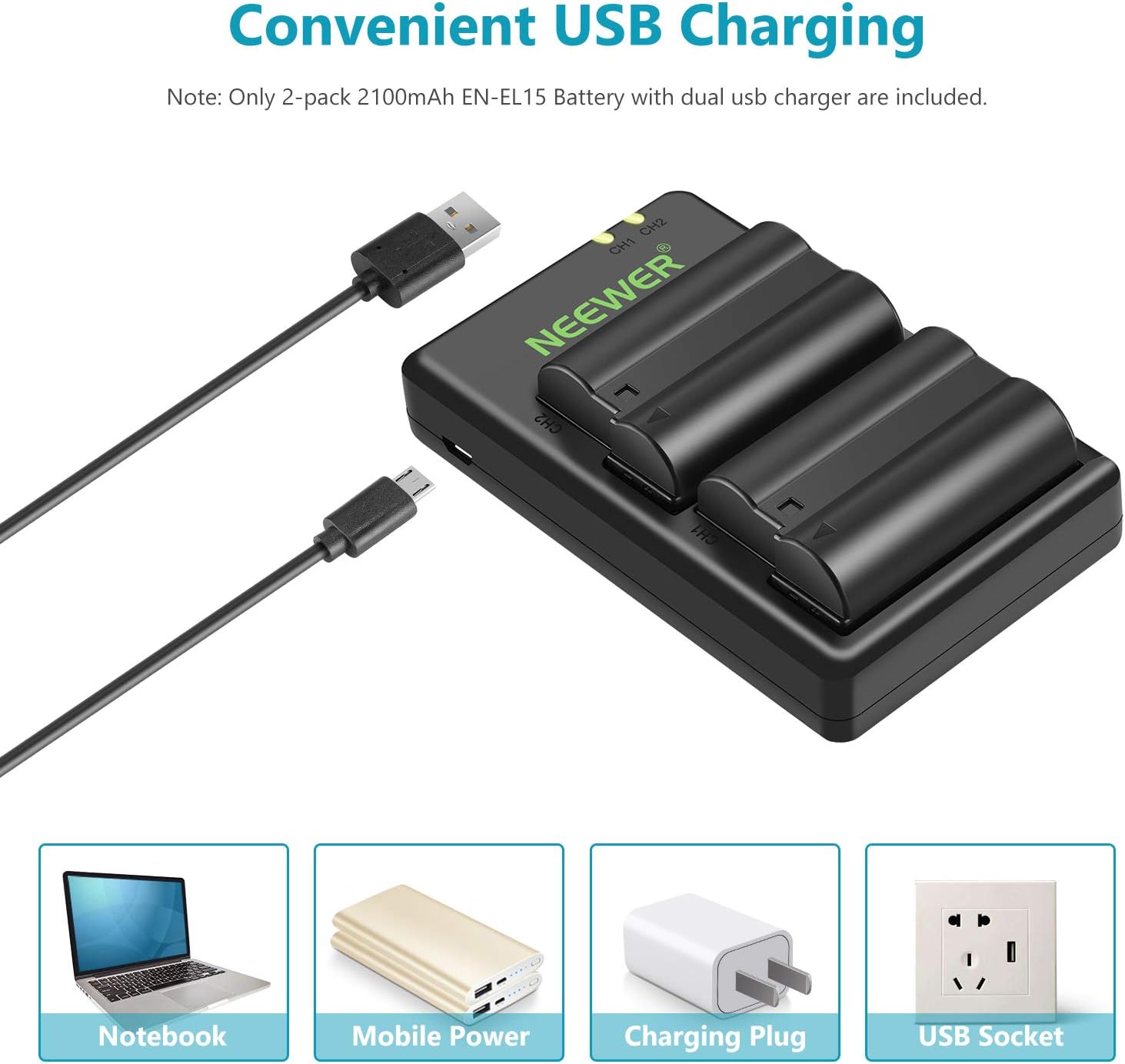 Thumbnail 3 de NEEWER EN-EL15 Batteria di ricambio + doppio caricatore (2 pack, Micro-USB, 2100mAh) per Nikon