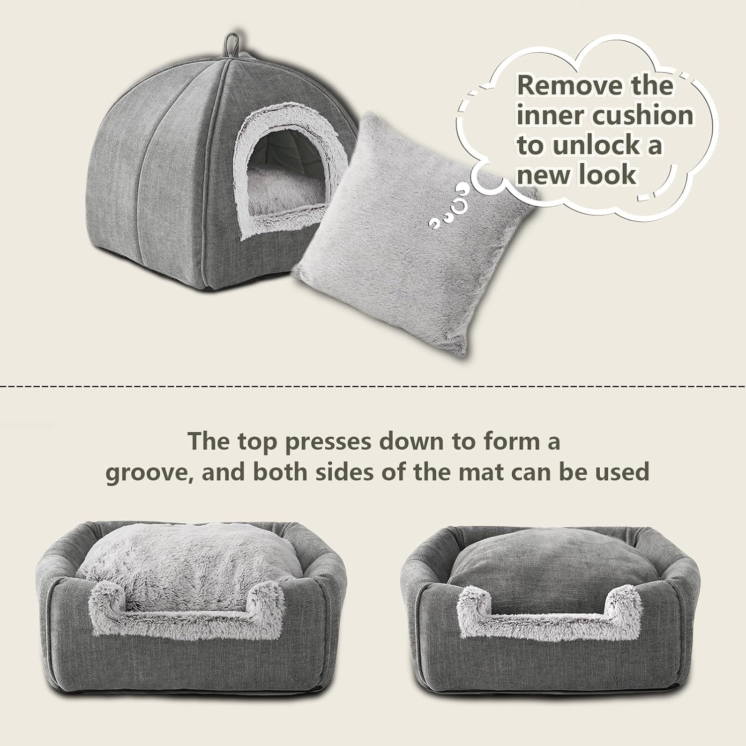 Detalle de Cat Bed for Indoor Cats - Plush Cat Cave Bed with Removable Washable Cushion (Grey, Large 44.5x44.5x44.5 cm)