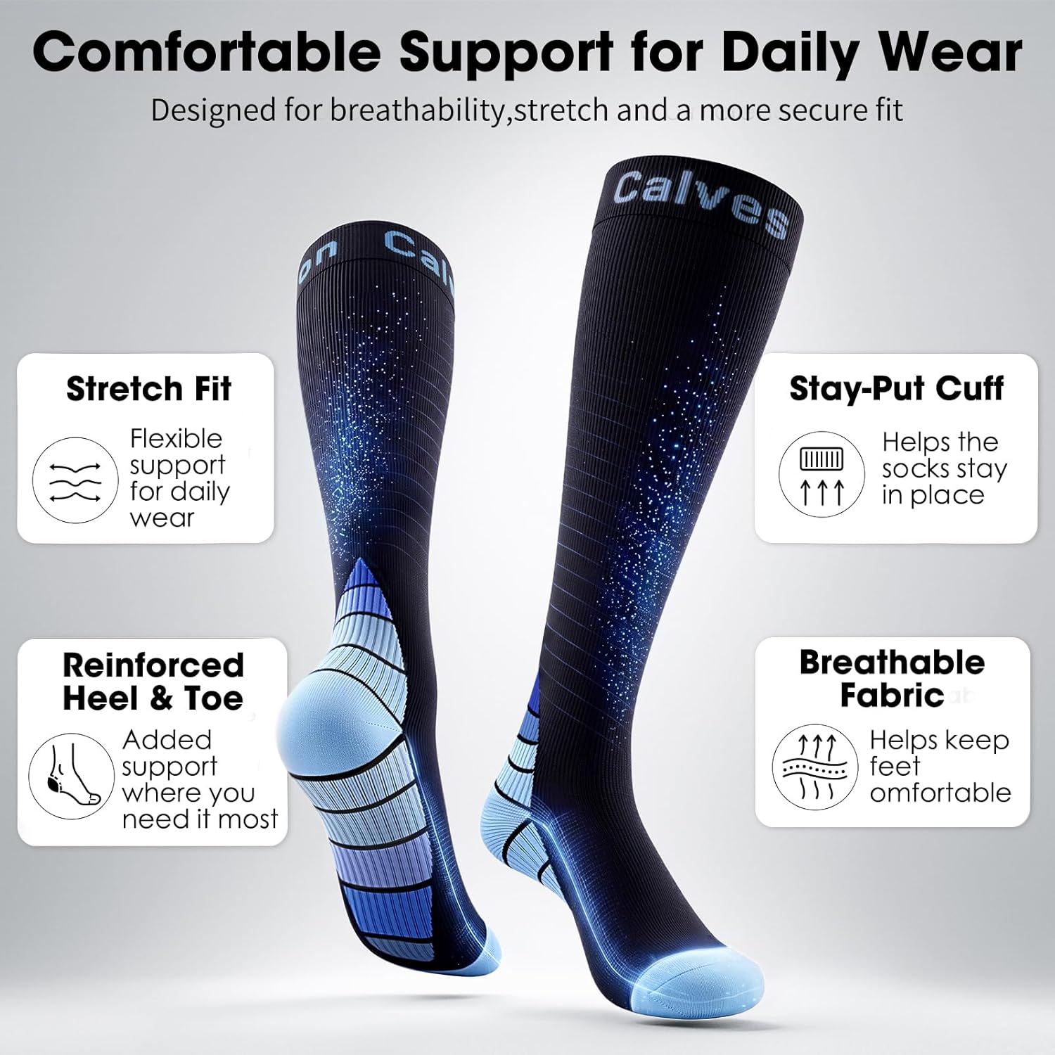 Detalle de Calves Kelson 2 Pairs Compression Socks for Men & Women (20–30 mmHg) – Travel, Running & Recovery