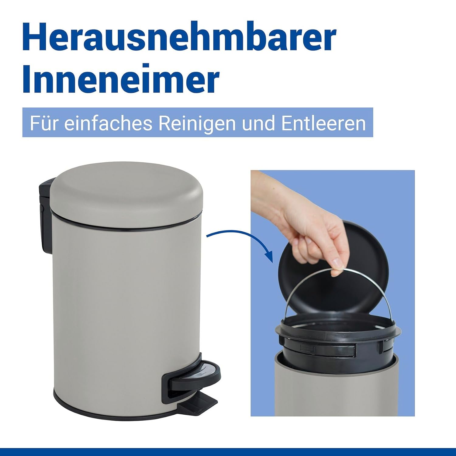 Detalle de WENKO Treteimer Mod. Leman, 3 Liter, Taupe Matt – mit herausnehmbarem Einsatz