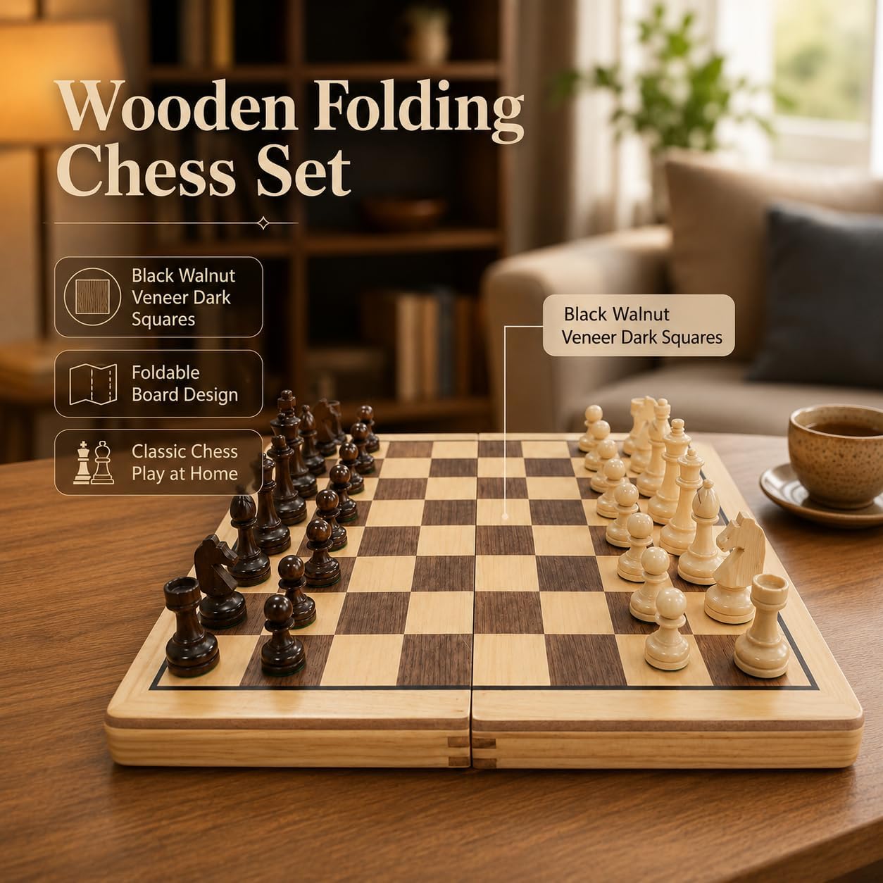 Detalle 1 de Wooden folding chess and checkers set 15-inch