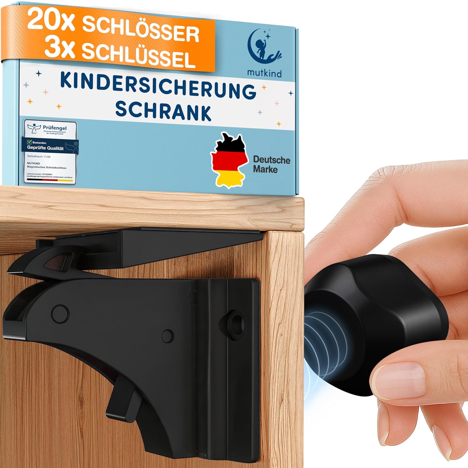Detalle de MUTKIND® 20x Magnetische Kindersicherung mit starkem TESA-Kleber + 3 Schlüssel – unsichtbar, ohne Bohren