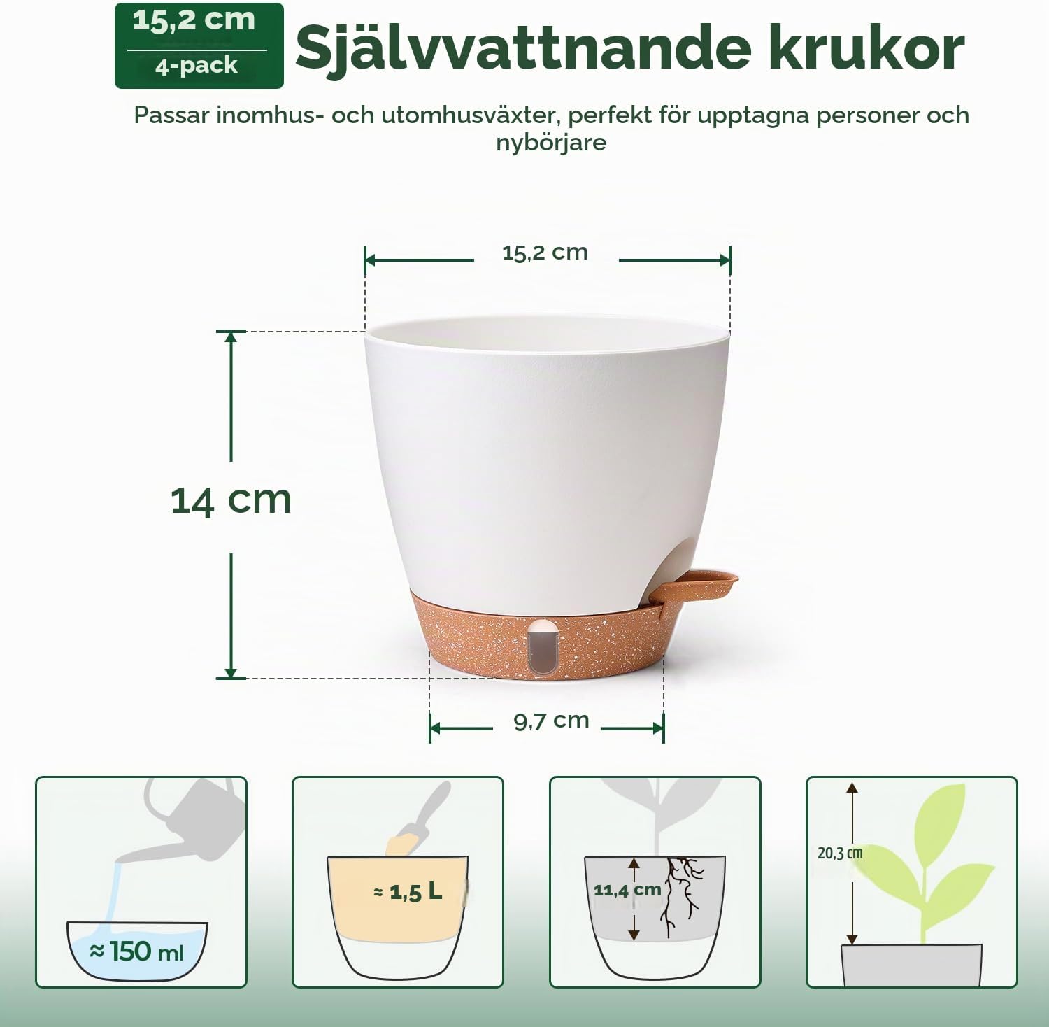 Detalle de T4U självvattnande blomkrukor, 4-pack med vattennivåfönster och fat