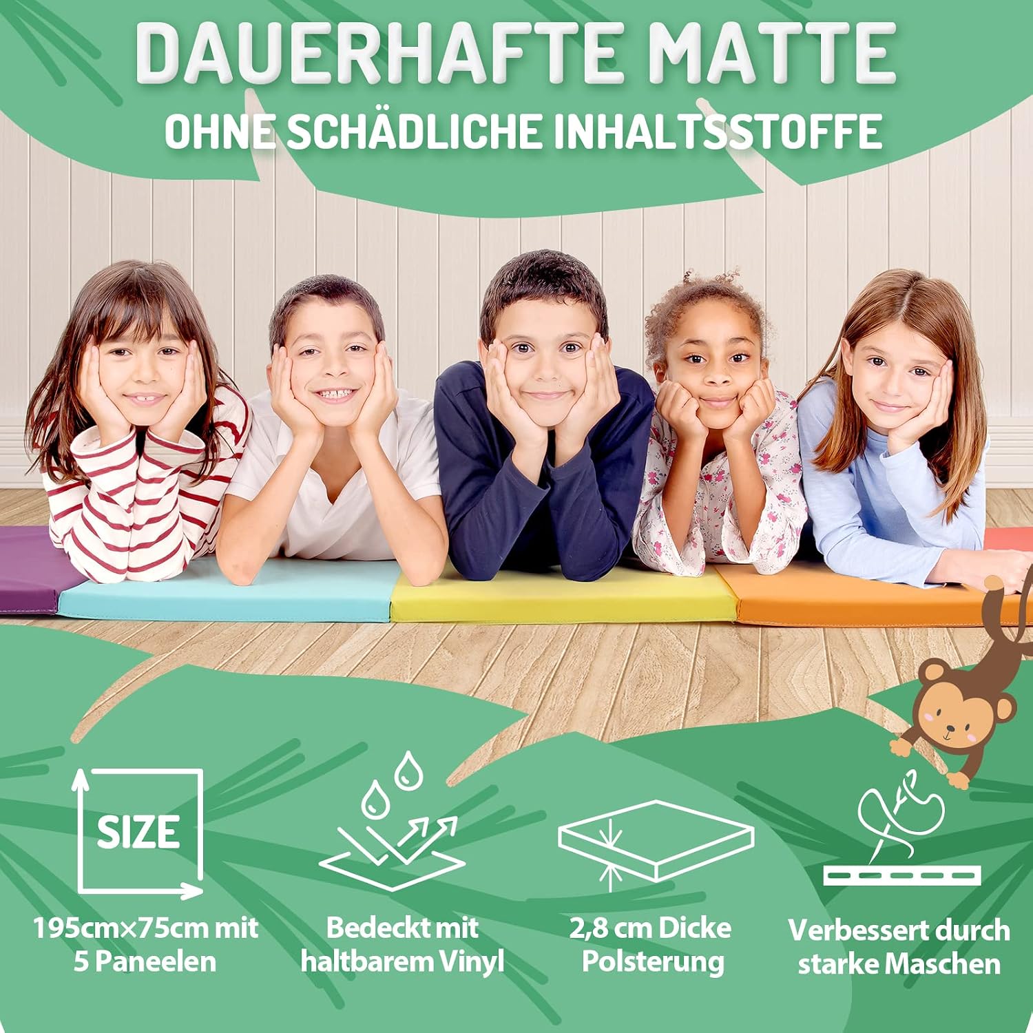 Detalle de PhysKcal 5 Panel Klappbare Weichbodenmatte – 195 x 75 x 3 cm für Kinder und Heimtraining